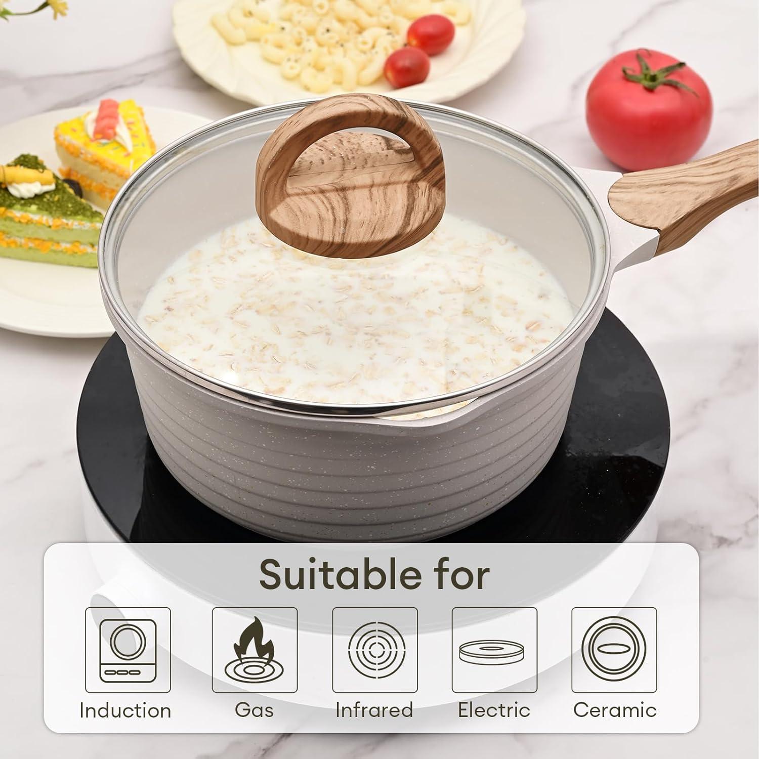 image:imageJEETEE 15 Quart Saucepan with Lid Nonstick Stone Coating Sauce Pan Milk Pan for Cooking Inudction PotBeige