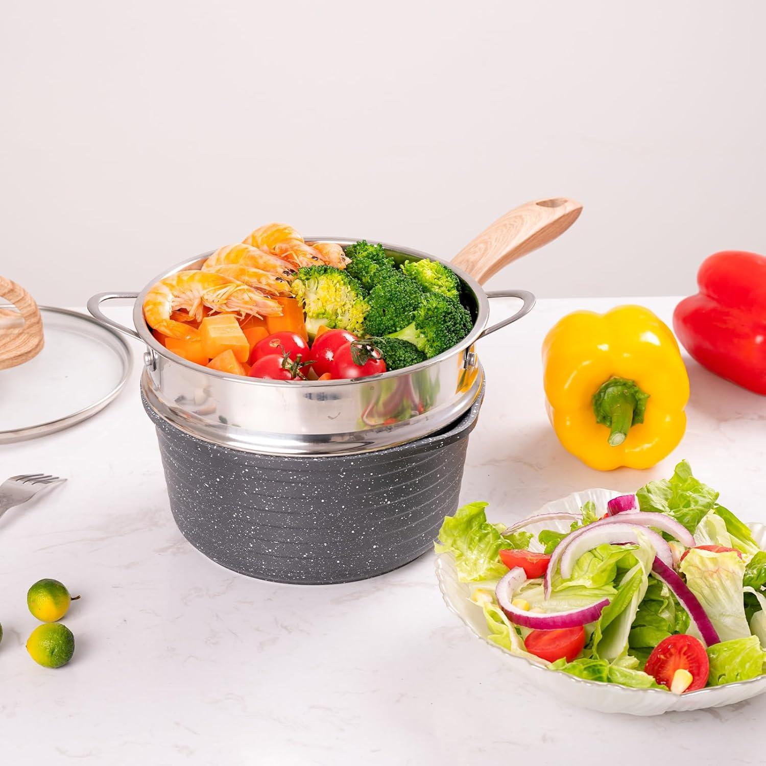 image:imageJEETEE 15 Quart Saucepan with Steamer Basket Small Sauce Pot with LidNonstick Coating with Pour Spout Induction Compatible Cookware Sauce Pan for Cooking PFOAPFOS Free