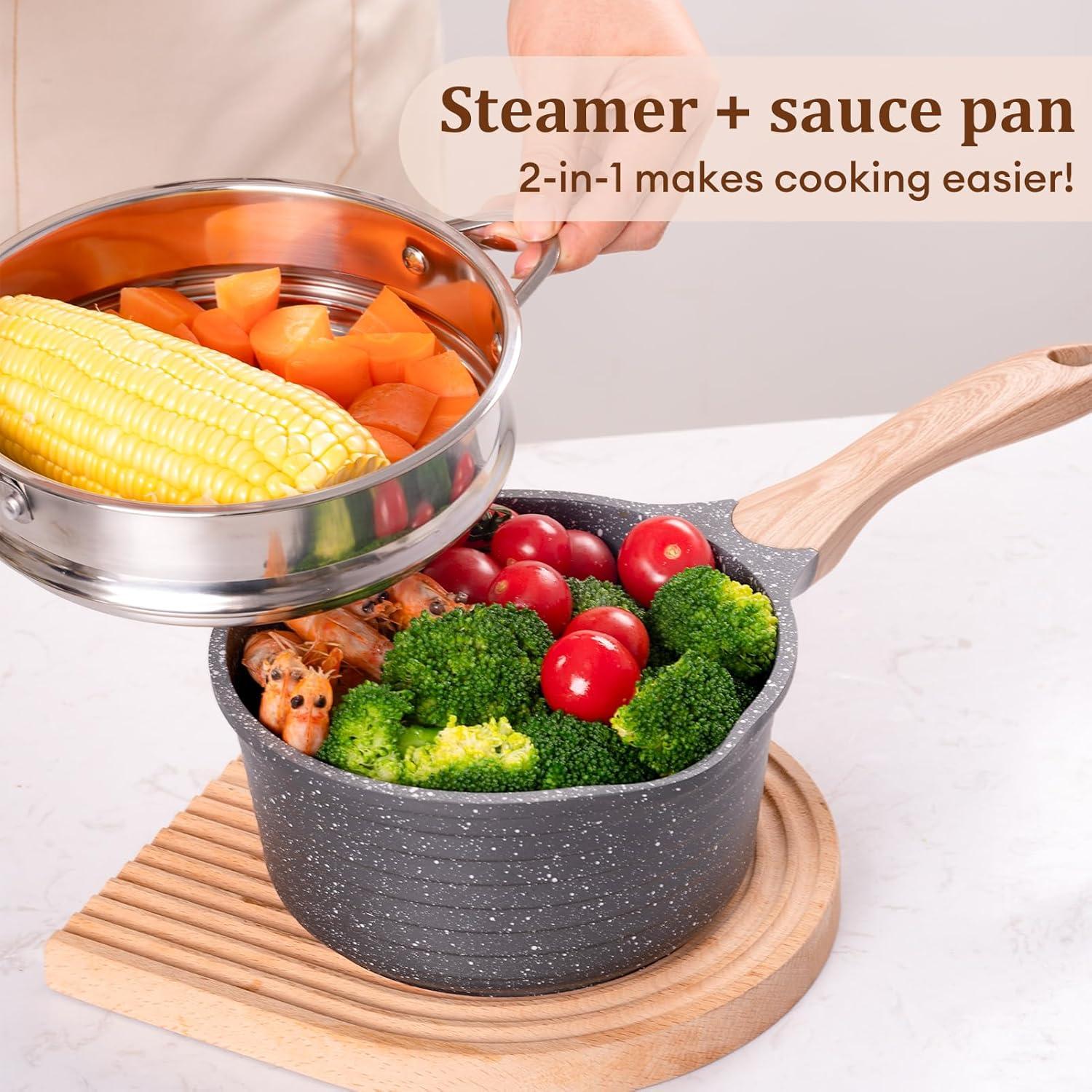 image:imageJEETEE 15 Quart Saucepan with Steamer Basket Small Sauce Pot with LidNonstick Coating with Pour Spout Induction Compatible Cookware Sauce Pan for Cooking PFOAPFOS Free