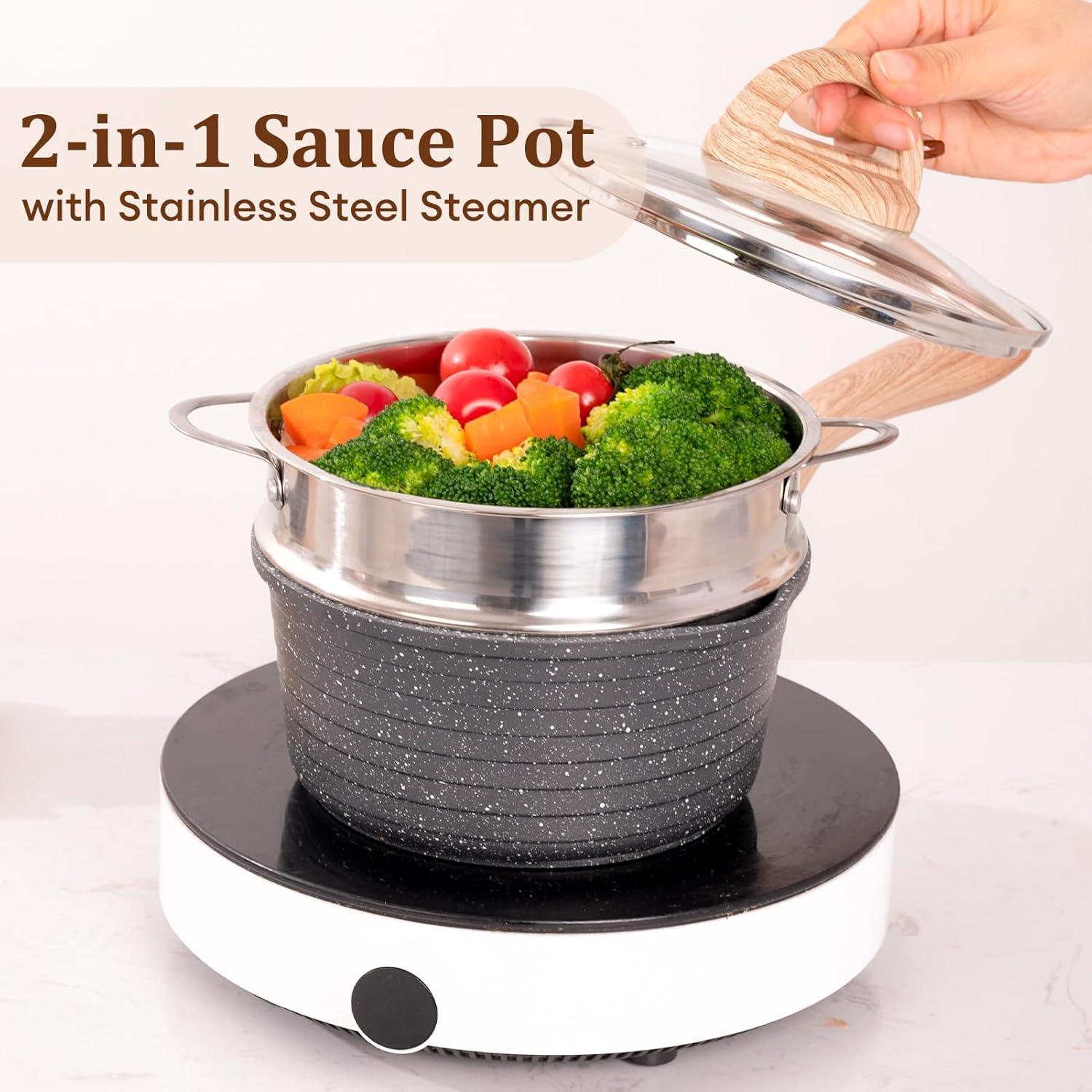 image:imageJEETEE 15 Quart Saucepan with Steamer Basket Small Sauce Pot with LidNonstick Coating with Pour Spout Induction Compatible Cookware Sauce Pan for Cooking PFOAPFOS Free
