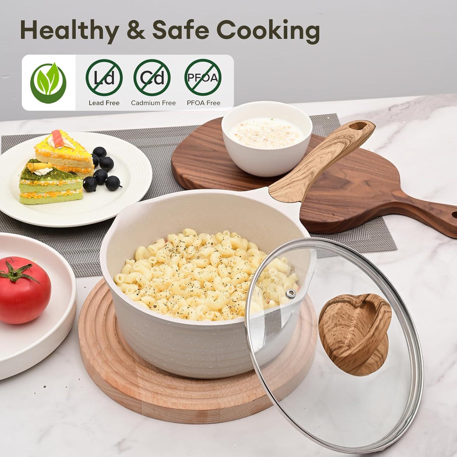 image:imageJEETEE 2 Quart Sauce Pan with Lid Non Stick Small Pot with Coating Masterclass Cookware Sauce Pot for Cooking PFOAPFOS FreeBeige