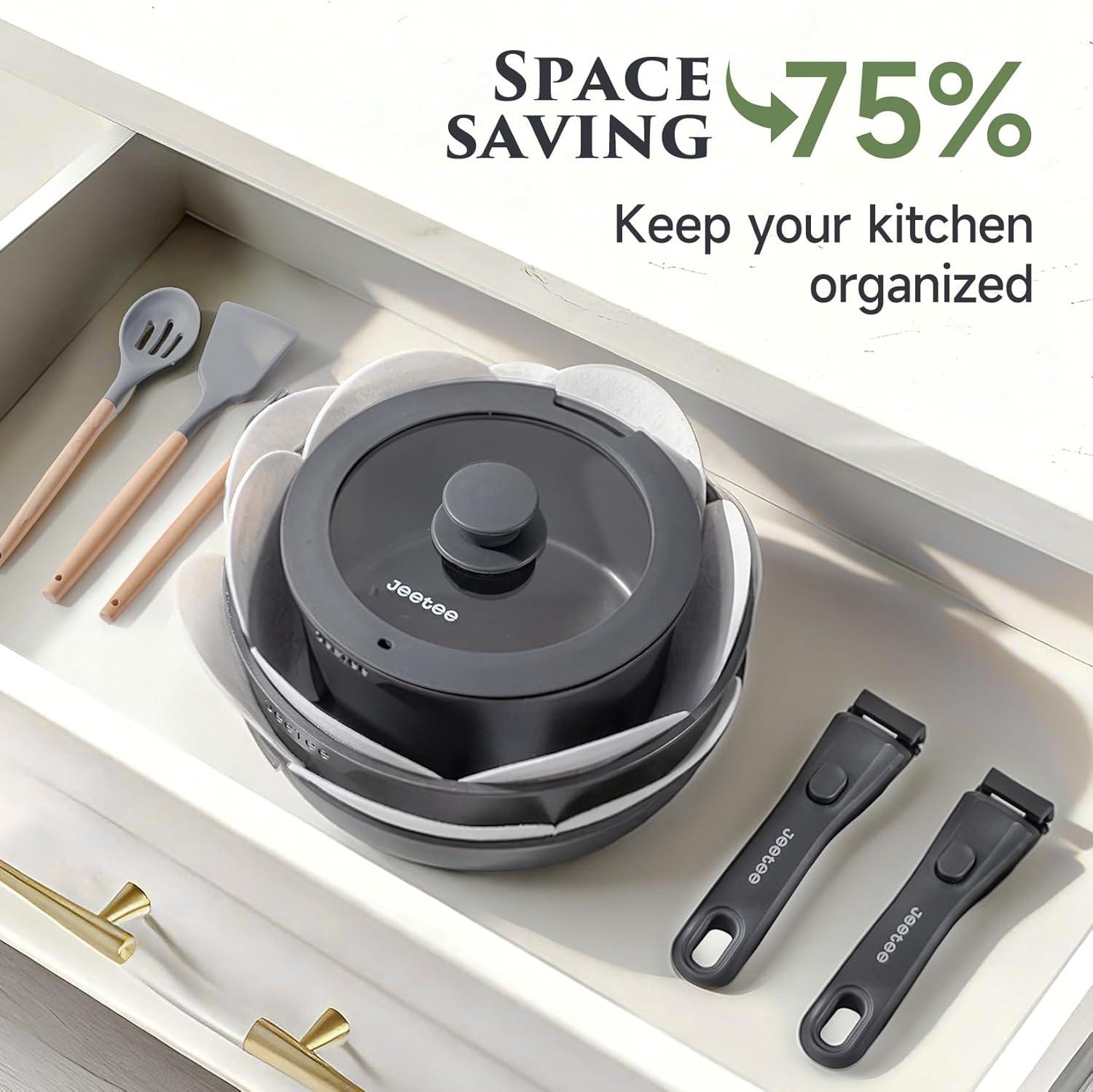 image:imageJEETEE 20 Pcs Pots and Pans Set Non Stick Titanium Reinforced Nonstick Cookware Set with Detachable Handle Induction Kitchen Cookware Sets Oven Safe amp Space Saving for RV Camping