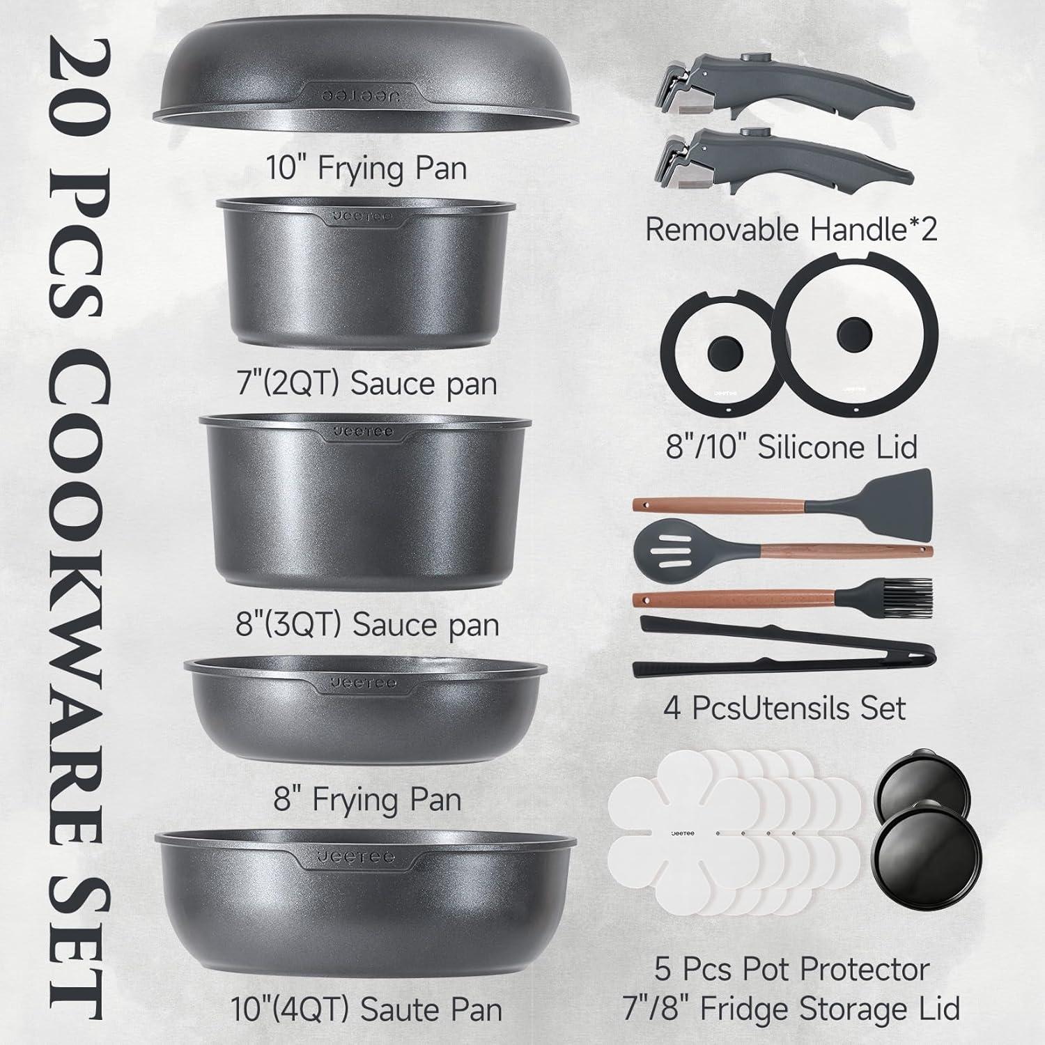 image:imageJEETEE 20 Pcs Pots and Pans Set Non Stick Titanium Reinforced Nonstick Cookware Set with Detachable Handle Induction Kitchen Cookware Sets Oven Safe amp Space Saving for RV Camping