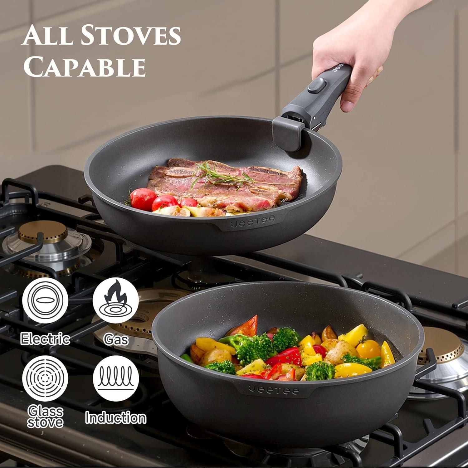 image:imageJEETEE 20 Pcs Pots and Pans Set Non Stick Titanium Reinforced Nonstick Cookware Set with Detachable Handle Induction Kitchen Cookware Sets Oven Safe amp Space Saving for RV Camping