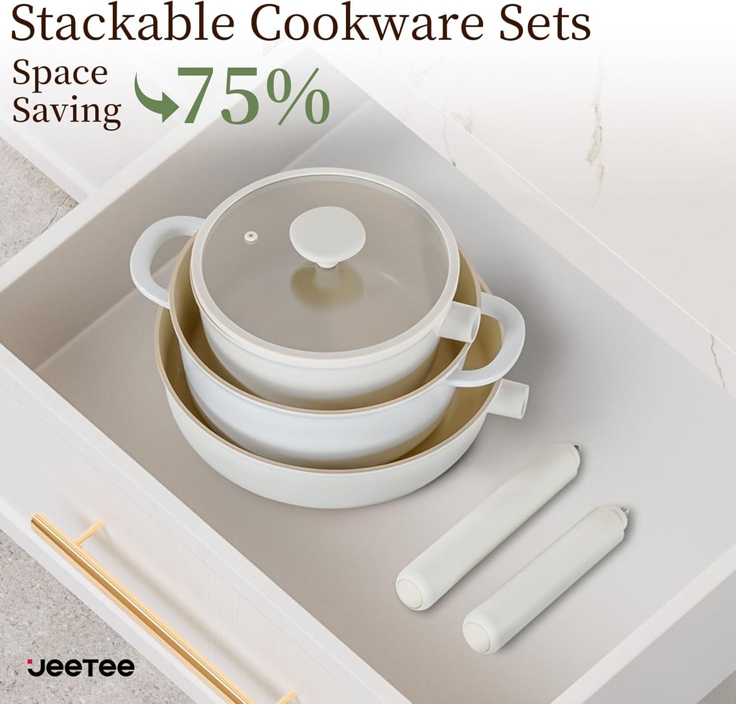 image:imageJEETEE Ceramic Cookware Set 13 Pcs Pots and Pans Set Nonstick with Rotation Removable Handles Healthy NonToxic Cooking Set for All Stoves Stackable Pots Pans Oven Safe PFOAPFOS Free CreamBeige