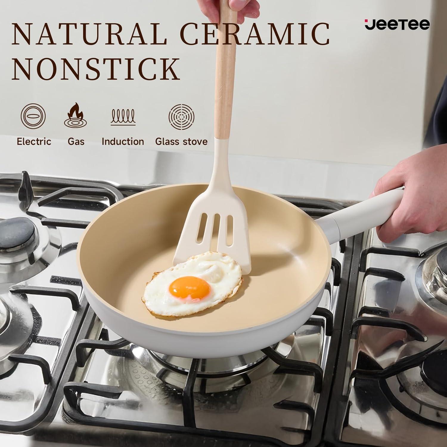 image:imageJEETEE Ceramic Cookware Set 13 Pcs Pots and Pans Set Nonstick with Rotation Removable Handles Healthy NonToxic Cooking Set for All Stoves Stackable Pots Pans Oven Safe PFOAPFOS Free CreamBeige