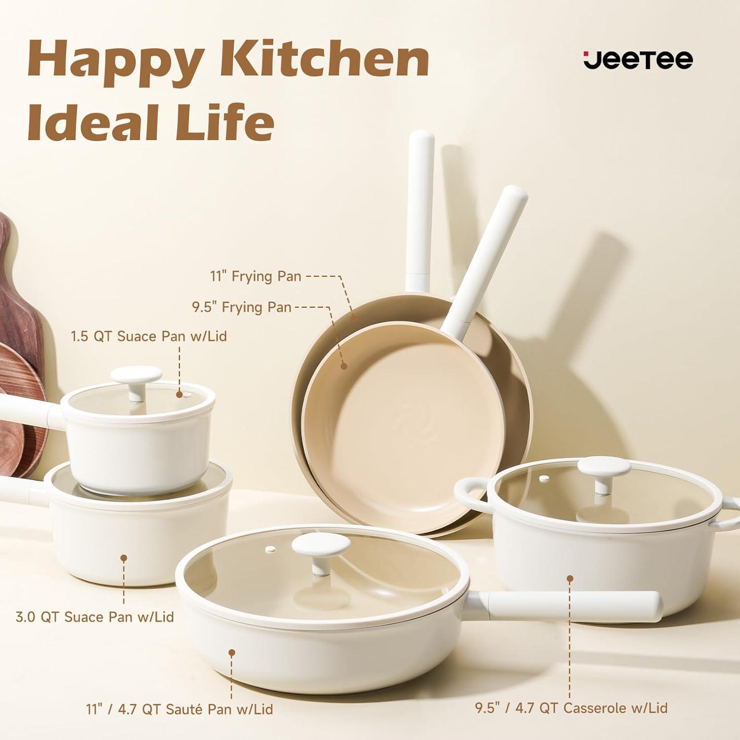 image:imageJEETEE Ceramic Cookware Set 13 Pcs Pots and Pans Set Nonstick with Rotation Removable Handles Healthy NonToxic Cooking Set for All Stoves Stackable Pots Pans Oven Safe PFOAPFOS Free CreamBeige