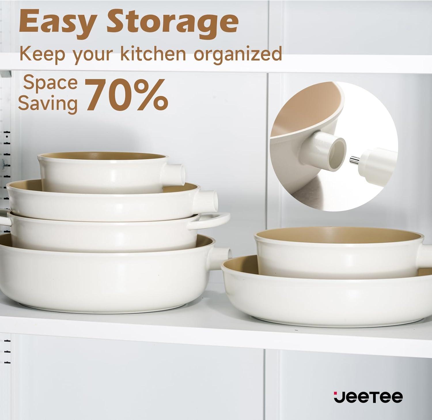 image:imageJEETEE Ceramic Cookware Set 13 Pcs Pots and Pans Set Nonstick with Rotation Removable Handles Healthy NonToxic Cooking Set for All Stoves Stackable Pots Pans Oven Safe PFOAPFOS Free CreamBeige