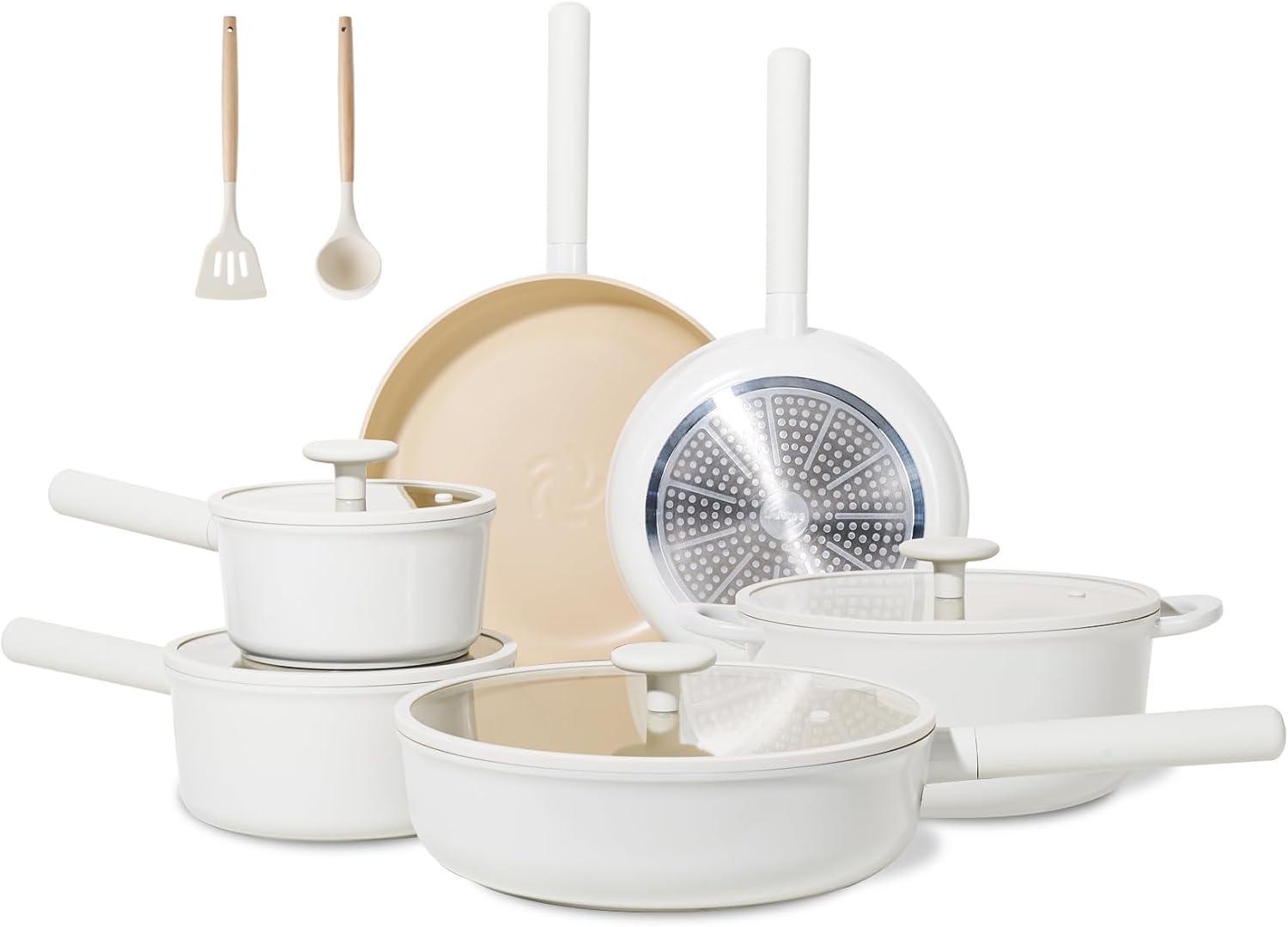 image:imageJEETEE Ceramic Cookware Set 13 Pcs Pots and Pans Set Nonstick with Rotation Removable Handles Healthy NonToxic Cooking Set for All Stoves Stackable Pots Pans Oven Safe PFOAPFOS Free CreamBeige