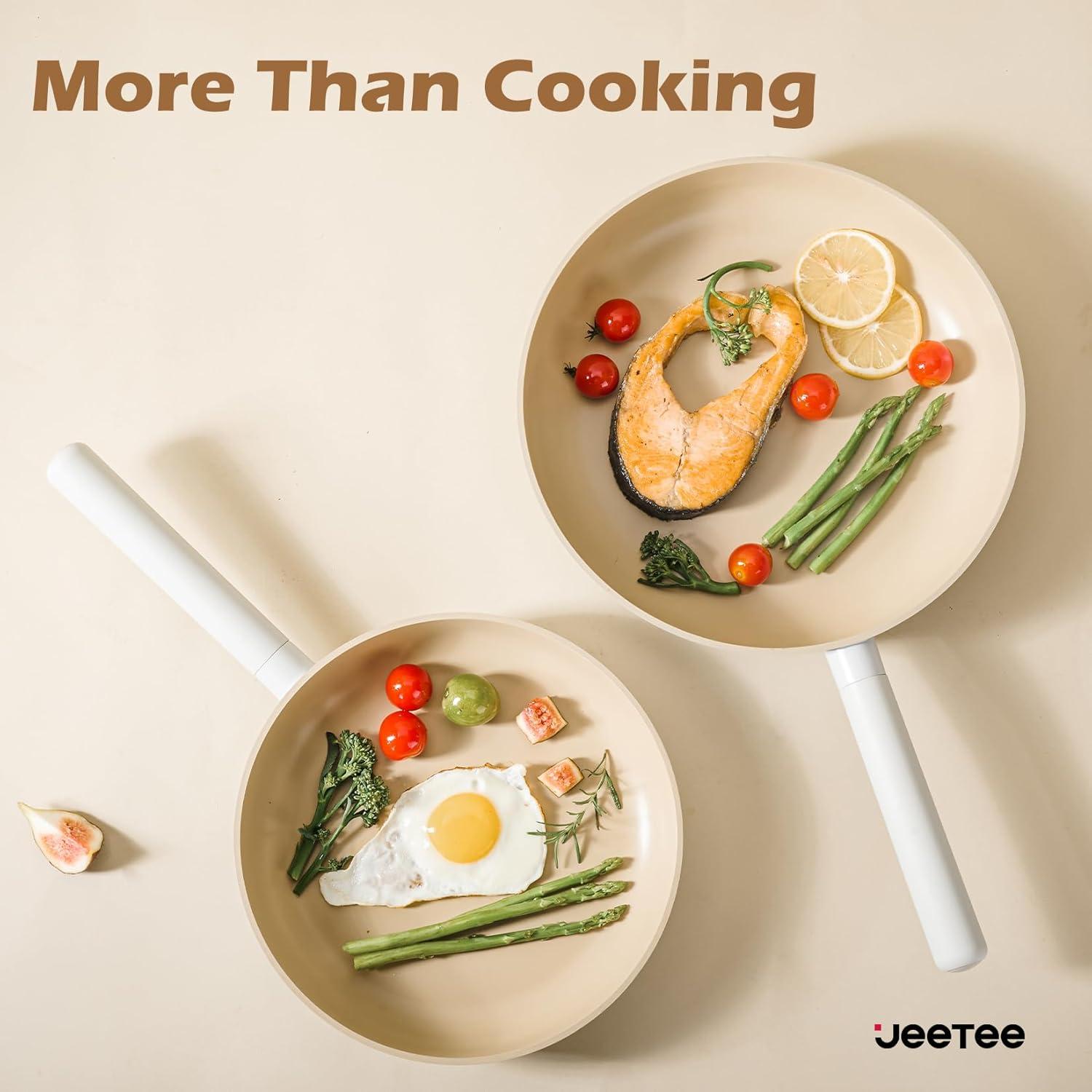 image:imageJEETEE Ceramic Cookware Set 13 Pcs Pots and Pans Set Nonstick with Rotation Removable Handles Healthy NonToxic Cooking Set for All Stoves Stackable Pots Pans Oven Safe PFOAPFOS Free CreamBeige