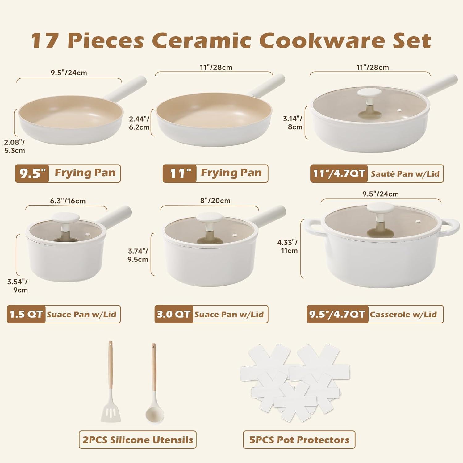 image:imageJEETEE Ceramic Cookware Set 13 Pcs Pots and Pans Set Nonstick with Rotation Removable Handles Healthy NonToxic Cooking Set for All Stoves Stackable Pots Pans Oven Safe PFOAPFOS Free CreamBeige