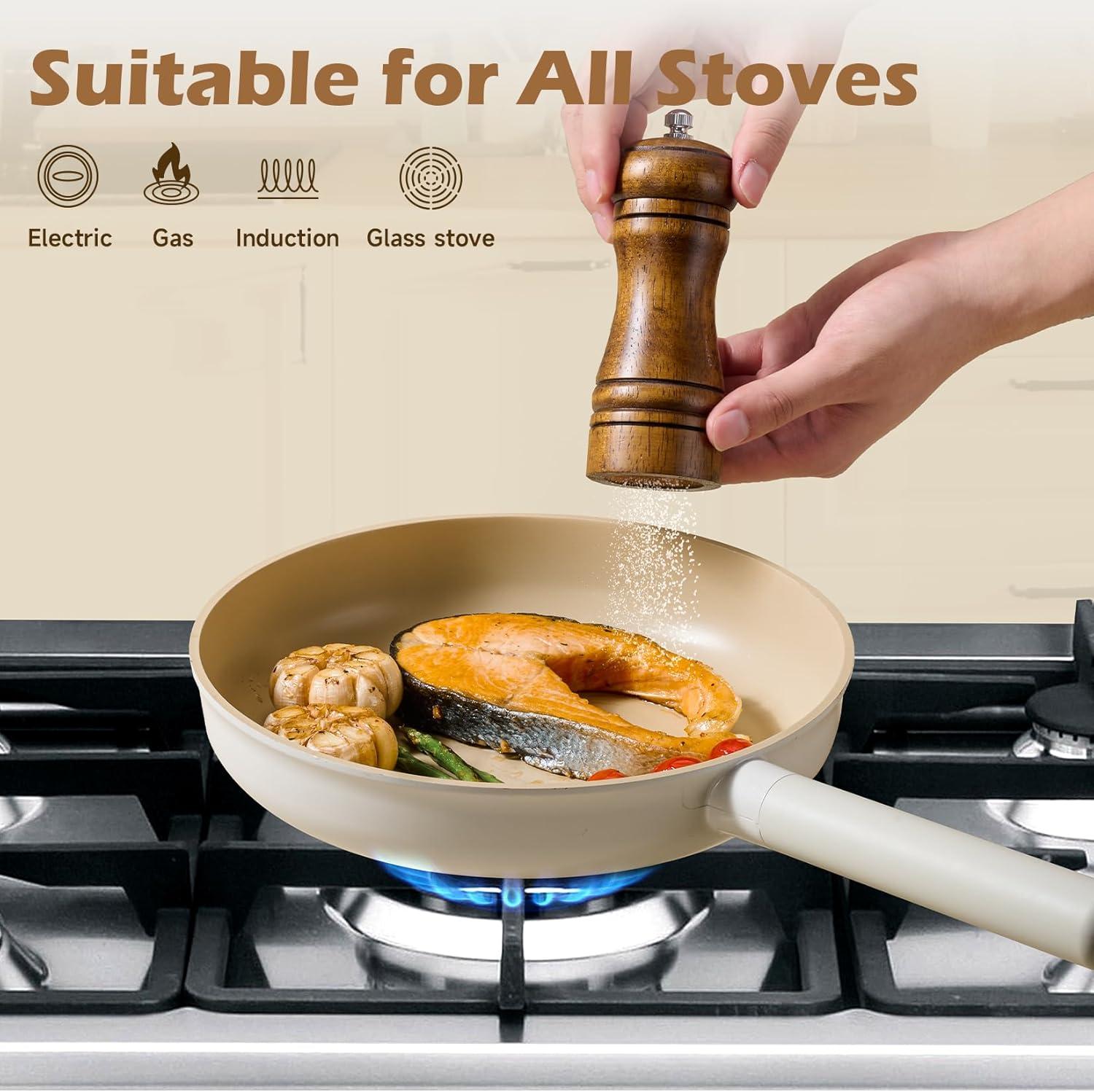 image:imageJEETEE Ceramic Cookware Set 13 Pcs Pots and Pans Set Nonstick with Rotation Removable Handles Healthy NonToxic Cooking Set for All Stoves Stackable Pots Pans Oven Safe PFOAPFOS Free CreamBeige