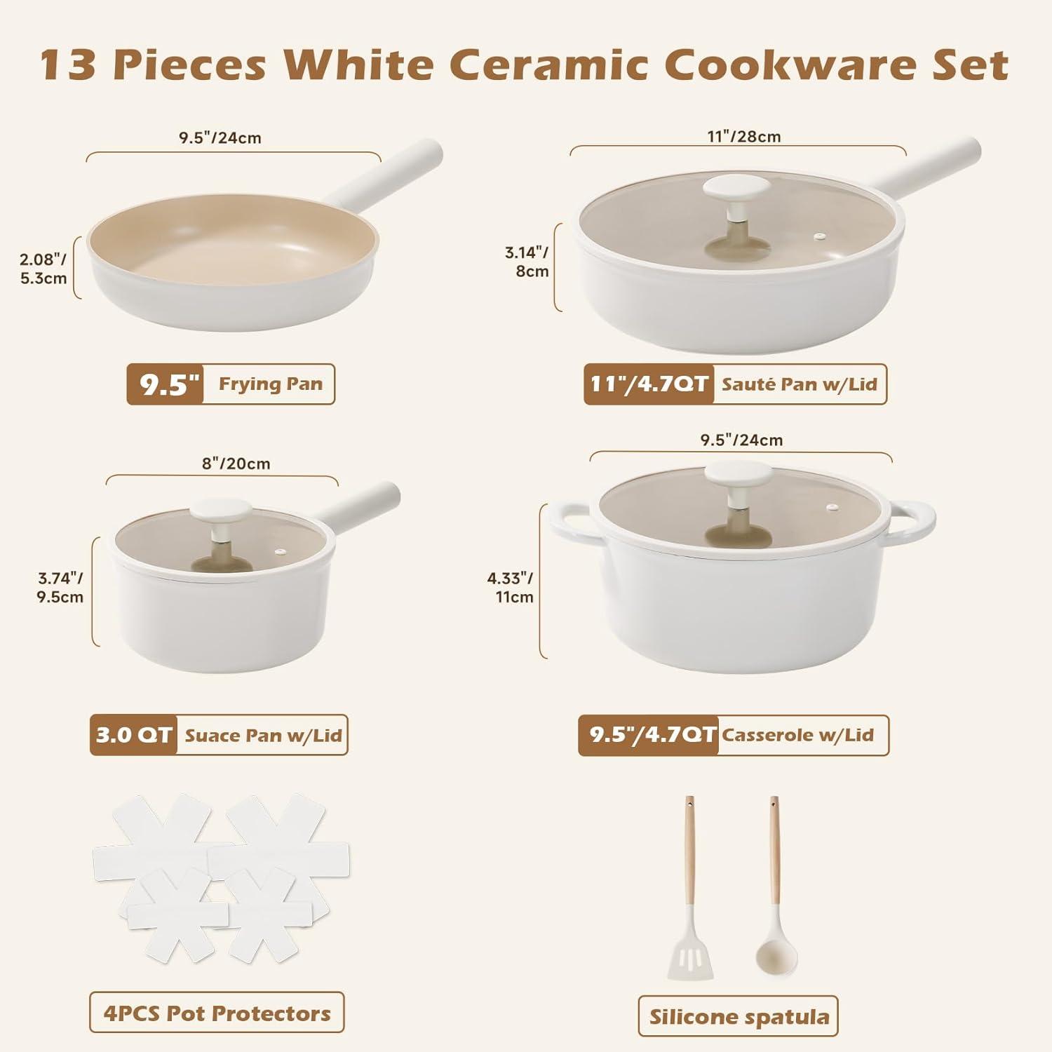 image:imageJEETEE Ceramic Cookware Set 13 Pcs Pots and Pans Set Nonstick with Rotation Removable Handles Healthy NonToxic Cooking Set for All Stoves Stackable Pots Pans Oven Safe PFOAPFOS Free CreamBeige