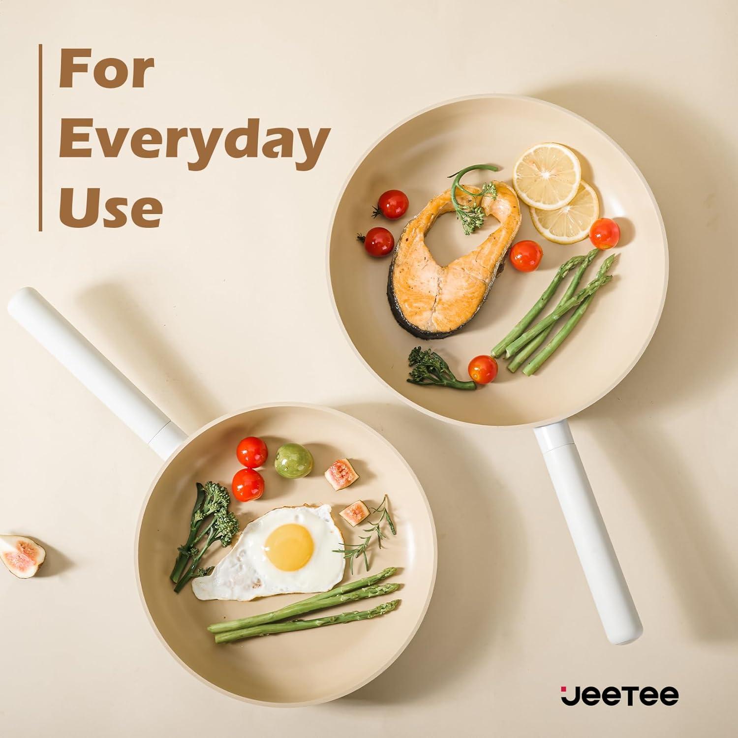 image:imageJEETEE Ceramic Cookware Set 13 Pcs Pots and Pans Set Nonstick with Rotation Removable Handles Healthy NonToxic Cooking Set for All Stoves Stackable Pots Pans Oven Safe PFOAPFOS Free CreamBeige