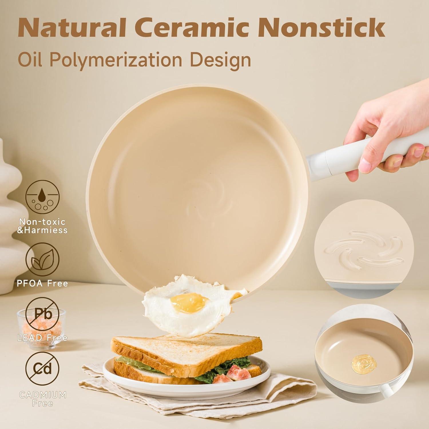 image:imageJEETEE Ceramic Cookware Set 13 Pcs Pots and Pans Set Nonstick with Rotation Removable Handles Healthy NonToxic Cooking Set for All Stoves Stackable Pots Pans Oven Safe PFOAPFOS Free CreamBeige