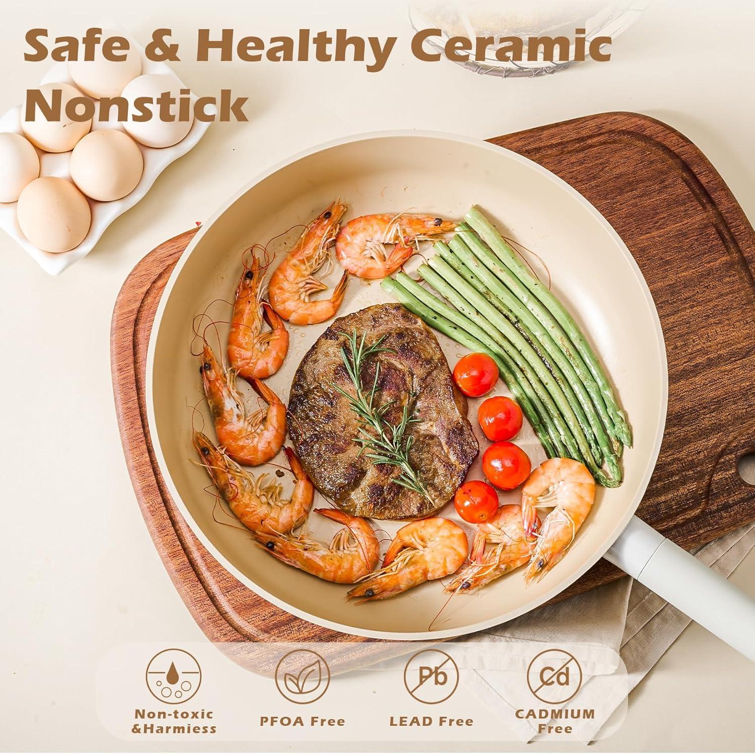 image:imageJEETEE Ceramic Cookware Set 13 Pcs Pots and Pans Set Nonstick with Rotation Removable Handles Healthy NonToxic Cooking Set for All Stoves Stackable Pots Pans Oven Safe PFOAPFOS Free CreamBeige
