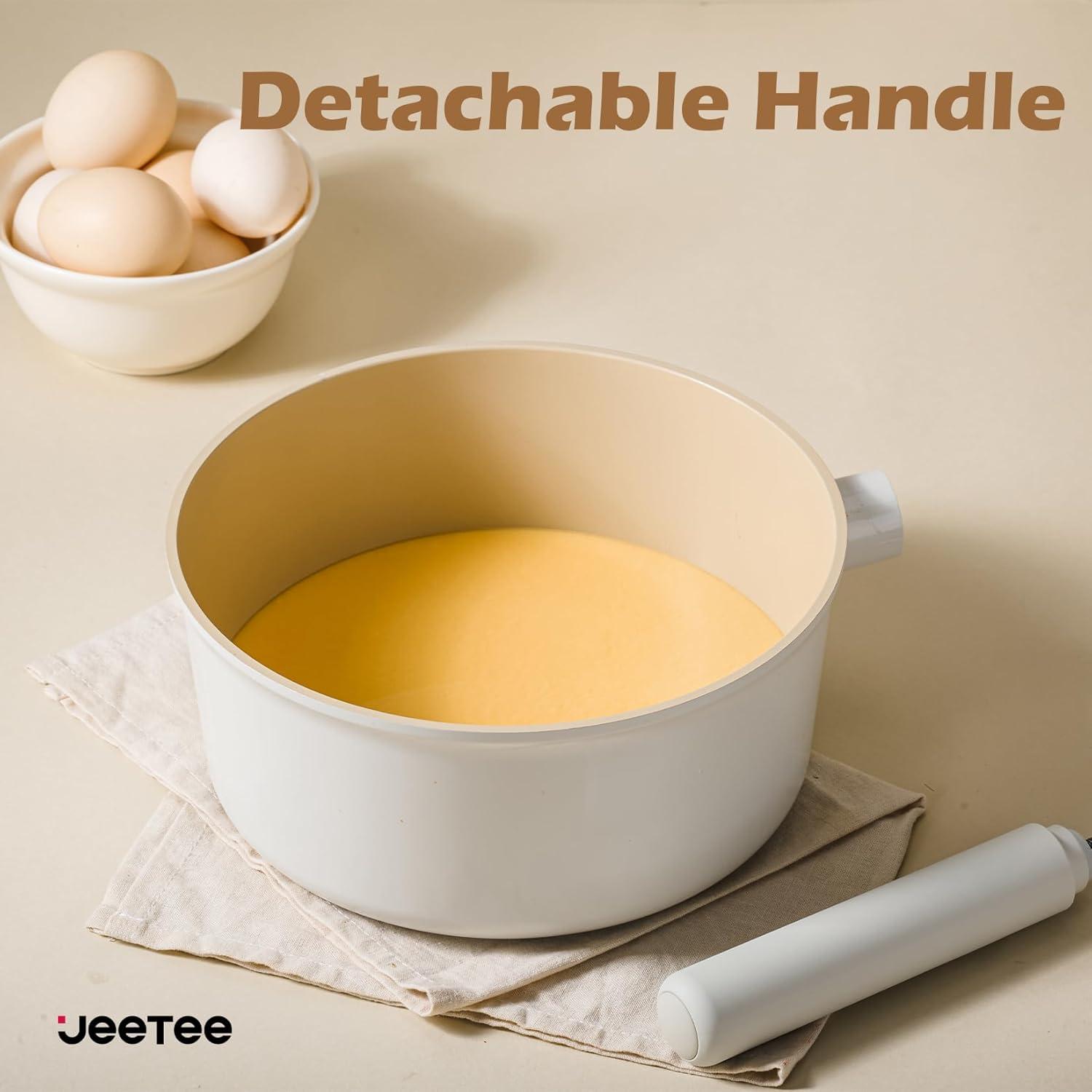 image:imageJEETEE Ceramic Cookware Set 13 Pcs Pots and Pans Set Nonstick with Rotation Removable Handles Healthy NonToxic Cooking Set for All Stoves Stackable Pots Pans Oven Safe PFOAPFOS Free CreamBeige