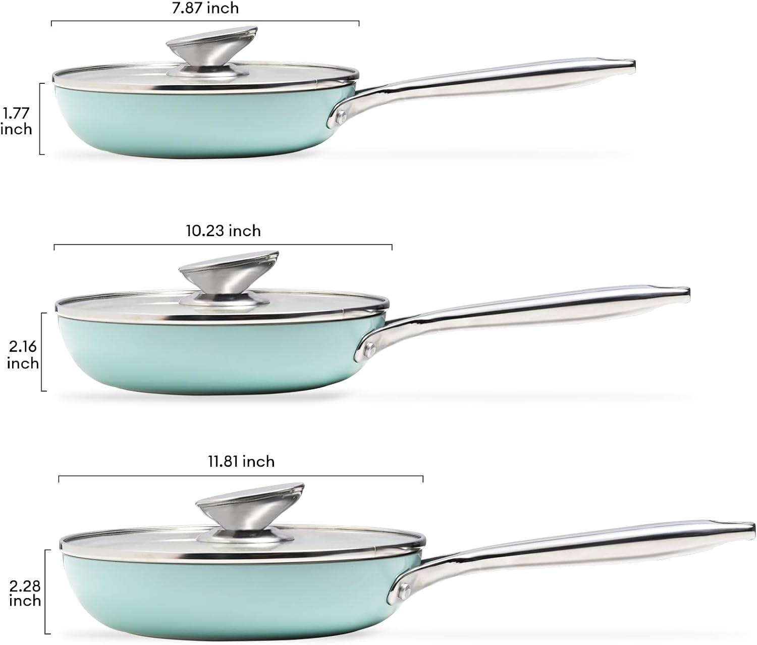 image:imageJEETEE Ceramic Frying Pan Skillet Set with Lid 8 10 Nonstick Egg Omelette Pan Cookware Set WStainless Steel Handle PFASFree Oven Safe Compatible WAll Stovetops Turquoise