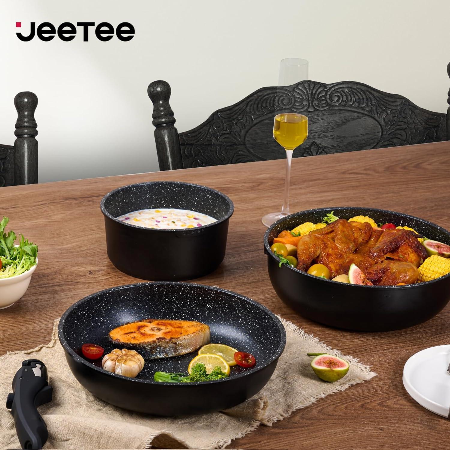 image:imageJEETEE Cookware Set 6 Essential Pots amp 19 Accessories Nonstick Pots and Pans with Detachable Handle for Induction Cooking RV Kitchen Space Saving PFAS Free BlackBlack