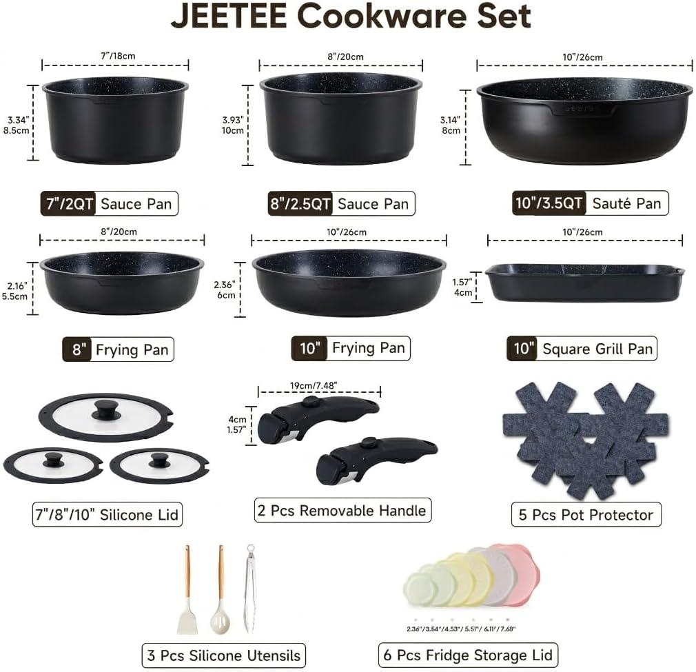 image:imageJEETEE Cookware Set 6 Essential Pots amp 19 Accessories Nonstick Pots and Pans with Detachable Handle for Induction Cooking RV Kitchen Space Saving PFAS Free BlackBlack