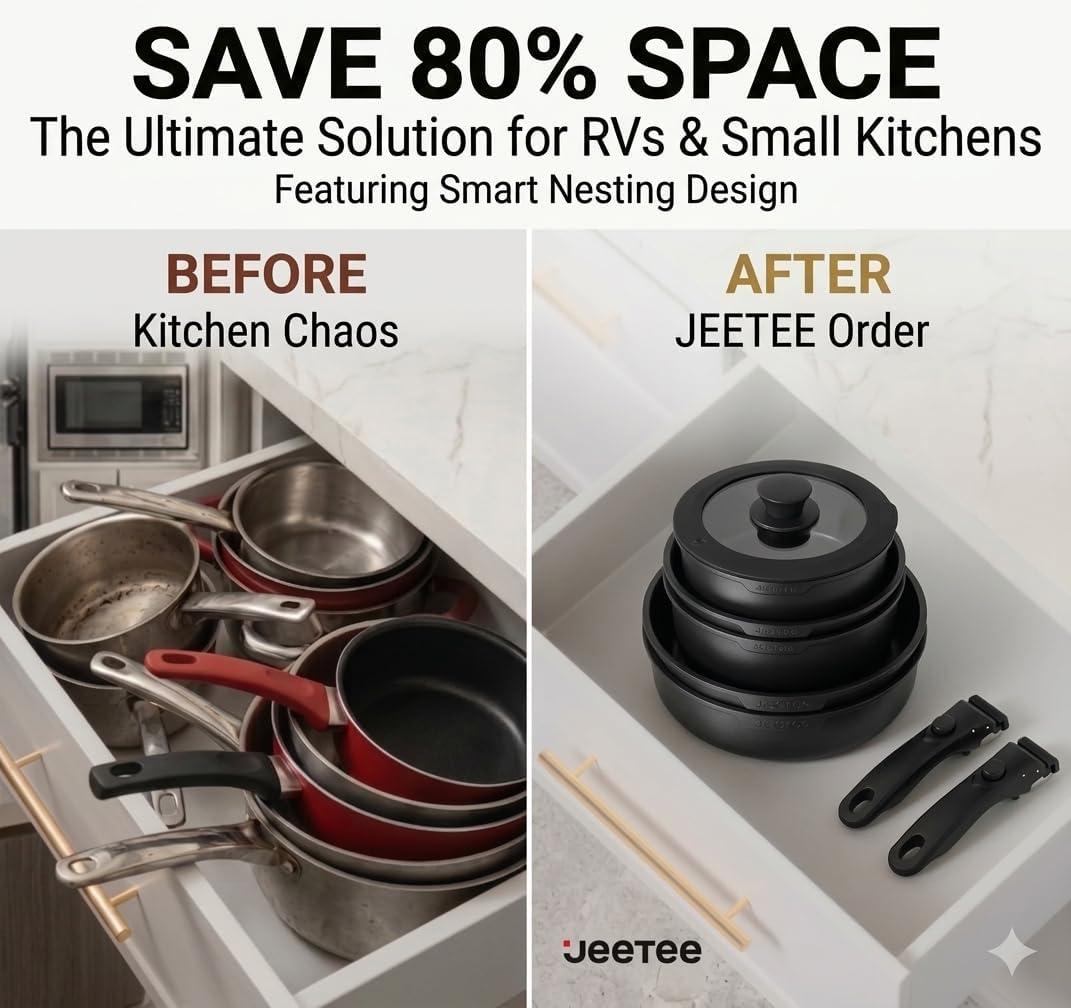 image:imageJEETEE Cookware Set 6 Essential Pots amp 19 Accessories Nonstick Pots and Pans with Detachable Handle for Induction Cooking RV Kitchen Space Saving PFAS Free BlackBlack