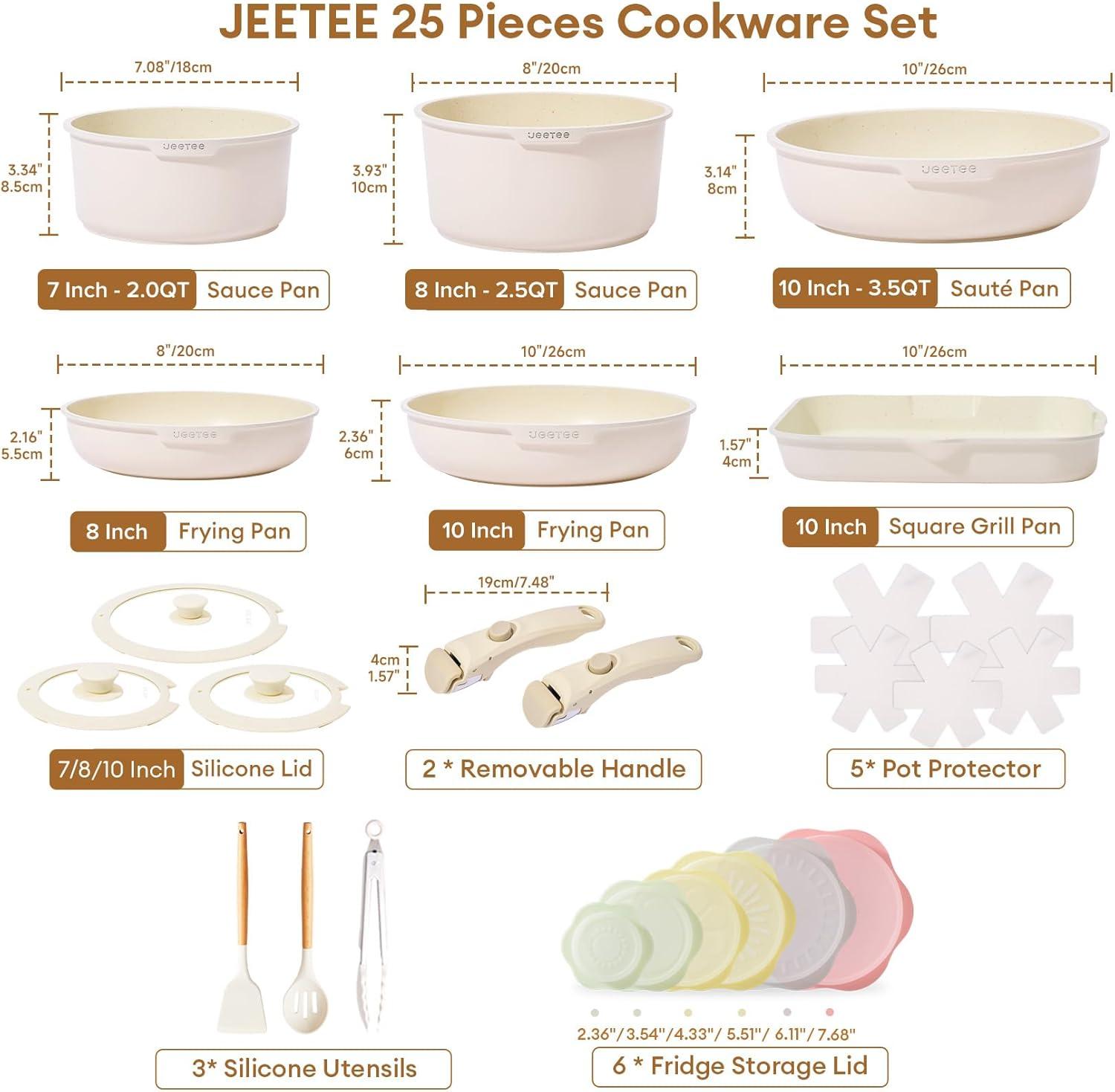image:imageJEETEE Cookware Set 6 Essential Pots amp 19 Accessories Nonstick Pots and Pans with Detachable Handle for Induction Cooking RV Kitchen Space Saving PFAS Free BlackBeige