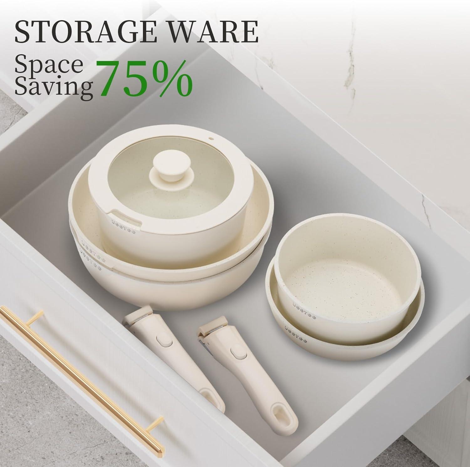 image:imageJEETEE Cookware Set 6 Essential Pots amp 19 Accessories Nonstick Pots and Pans with Detachable Handle for Induction Cooking RV Kitchen Space Saving PFAS Free BlackBeige