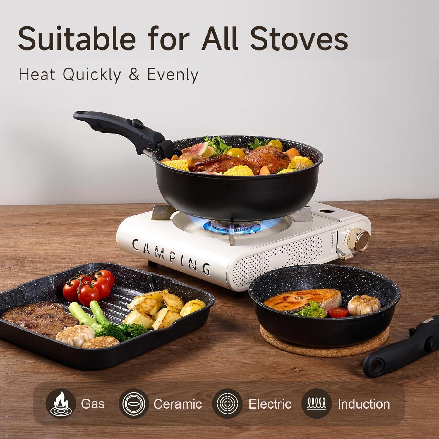 image:imageJEETEE Cookware Set 6 Essential Pots amp 19 Accessories Nonstick Pots and Pans with Detachable Handle for Induction Cooking RV Kitchen Space Saving PFAS Free BlackBlack