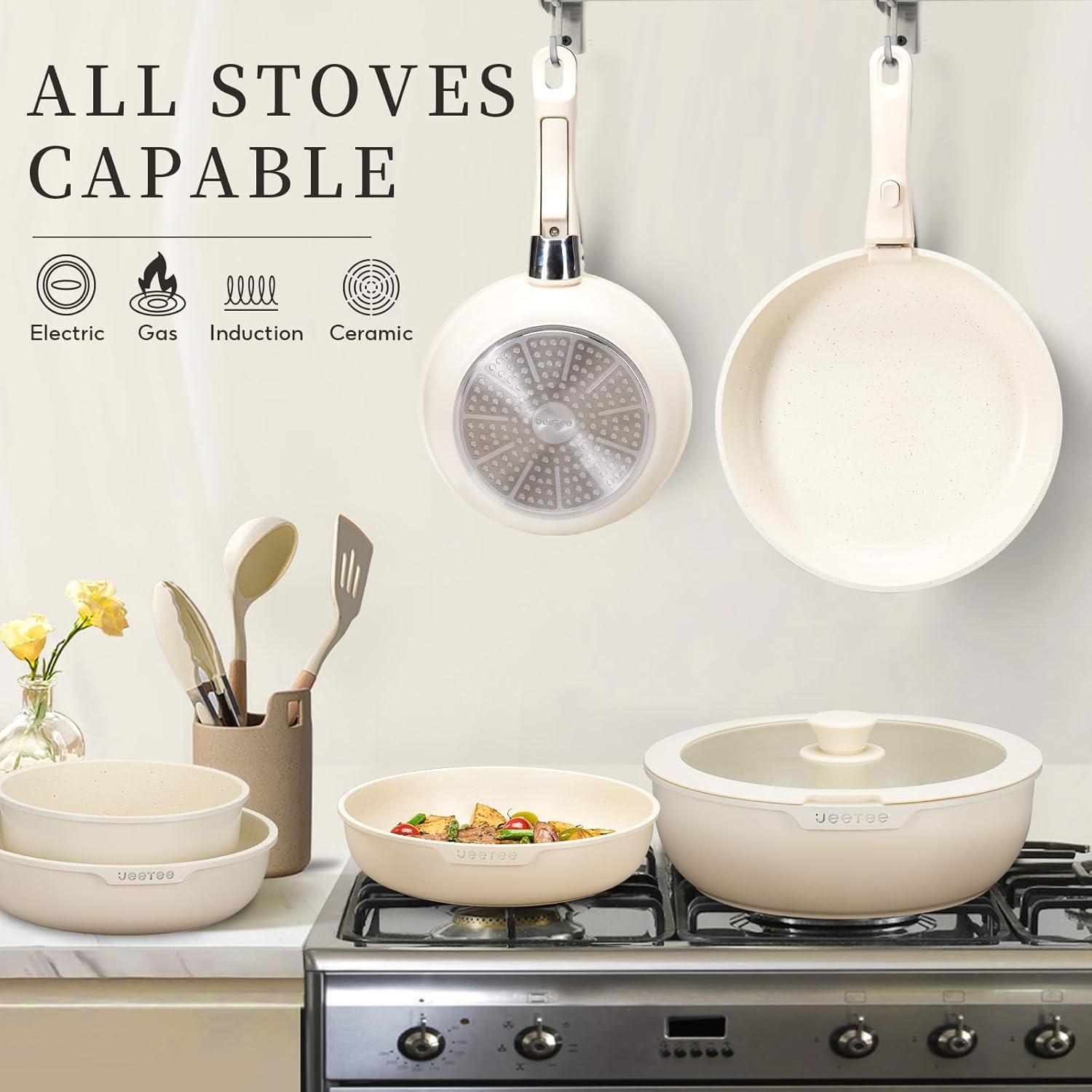 image:imageJEETEE Cookware Set 6 Essential Pots amp 19 Accessories Nonstick Pots and Pans with Detachable Handle for Induction Cooking RV Kitchen Space Saving PFAS Free BlackBeige