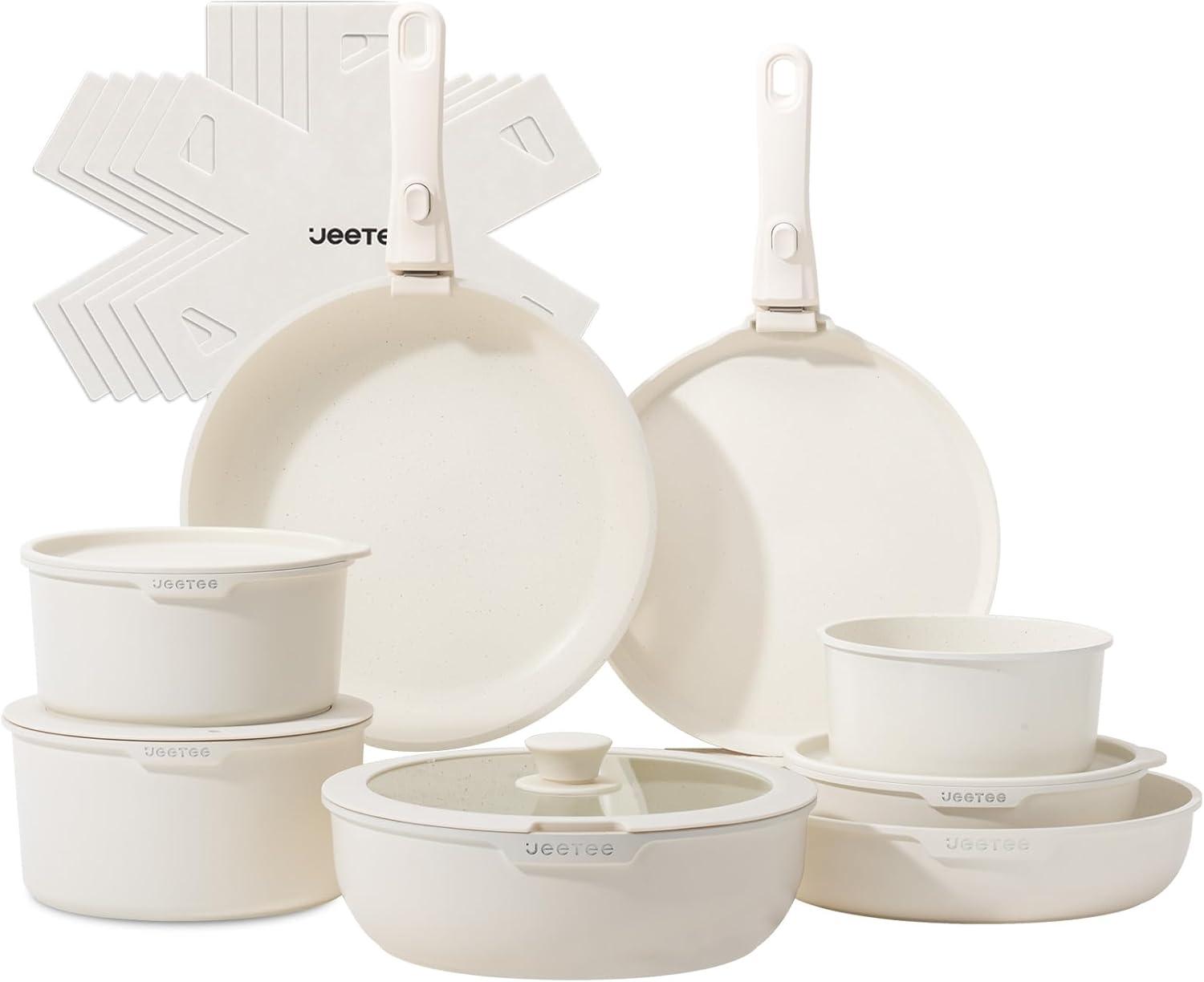 image:imageJEETEE Cookware Set 6 Essential Pots amp 19 Accessories Nonstick Pots and Pans with Detachable Handle for Induction Cooking RV Kitchen Space Saving PFAS Free BlackBeige