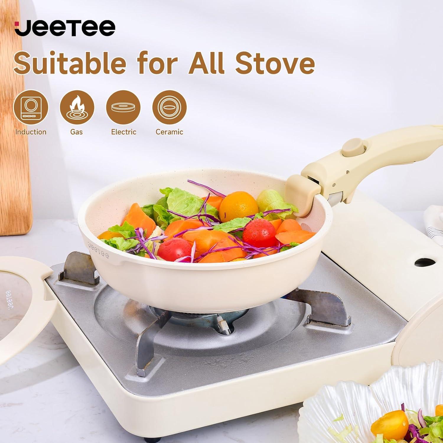 image:imageJEETEE Cookware Set 6 Essential Pots amp 19 Accessories Nonstick Pots and Pans with Detachable Handle for Induction Cooking RV Kitchen Space Saving PFAS Free BlackBeige
