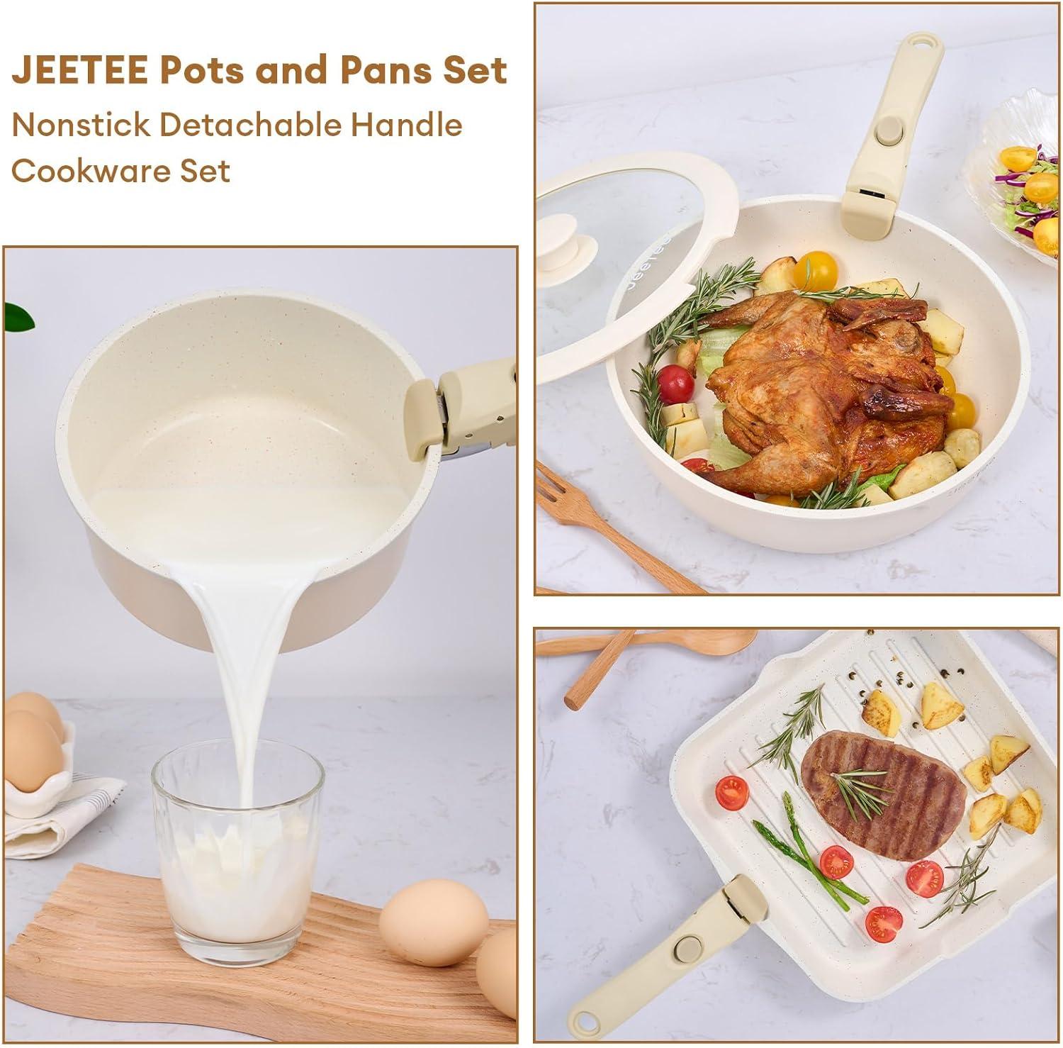 image:imageJEETEE Cookware Set 6 Essential Pots amp 19 Accessories Nonstick Pots and Pans with Detachable Handle for Induction Cooking RV Kitchen Space Saving PFAS Free BlackBeige