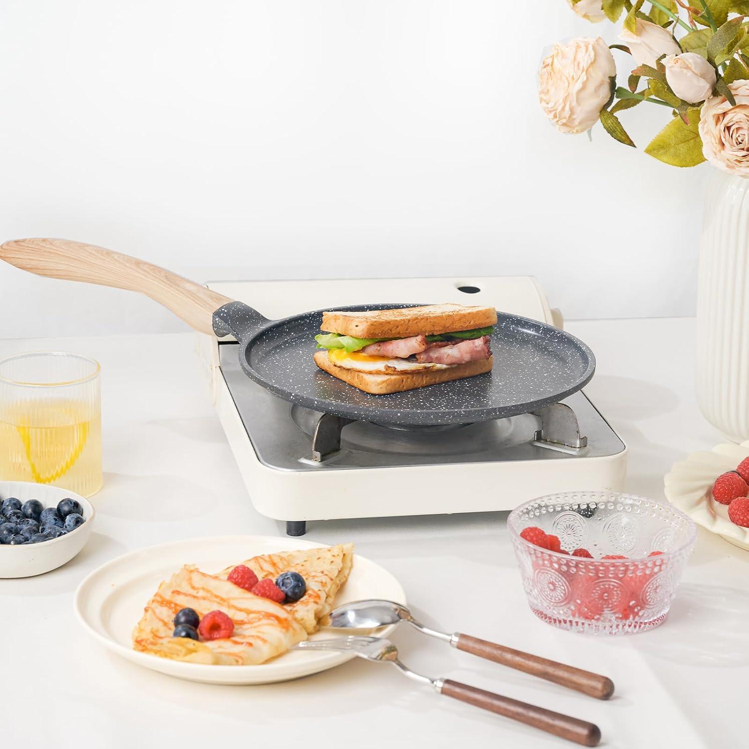 image:imageJEETEE Crepe Pan Nonstick 11 Inch Comales Para Tortillas Griddle Pan for Stove Top Granite Coating Flat Pancake Pan Dosa Tawa PFOA FREE and Induction Compatible BeigeGray