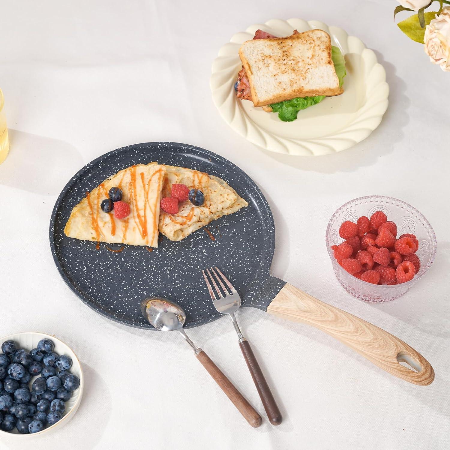 image:imageJEETEE Crepe Pan Nonstick 11 Inch Comales Para Tortillas Griddle Pan for Stove Top Granite Coating Flat Pancake Pan Dosa Tawa PFOA FREE and Induction Compatible BeigeGray