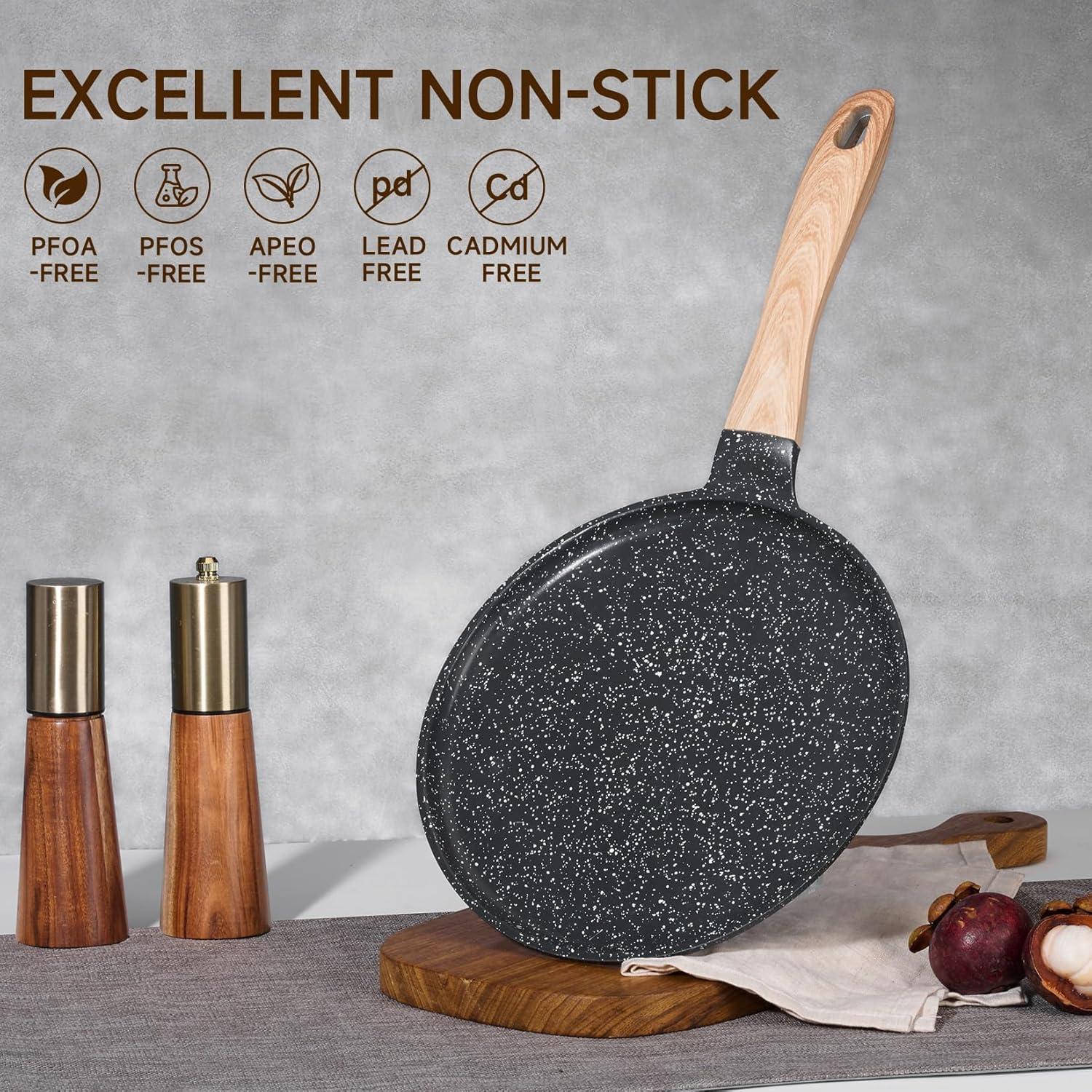 image:imageJEETEE Crepe Pan Nonstick 11 Inch Comales Para Tortillas Griddle Pan for Stove Top Granite Coating Flat Pancake Pan Dosa Tawa PFOA FREE and Induction Compatible BeigeGray