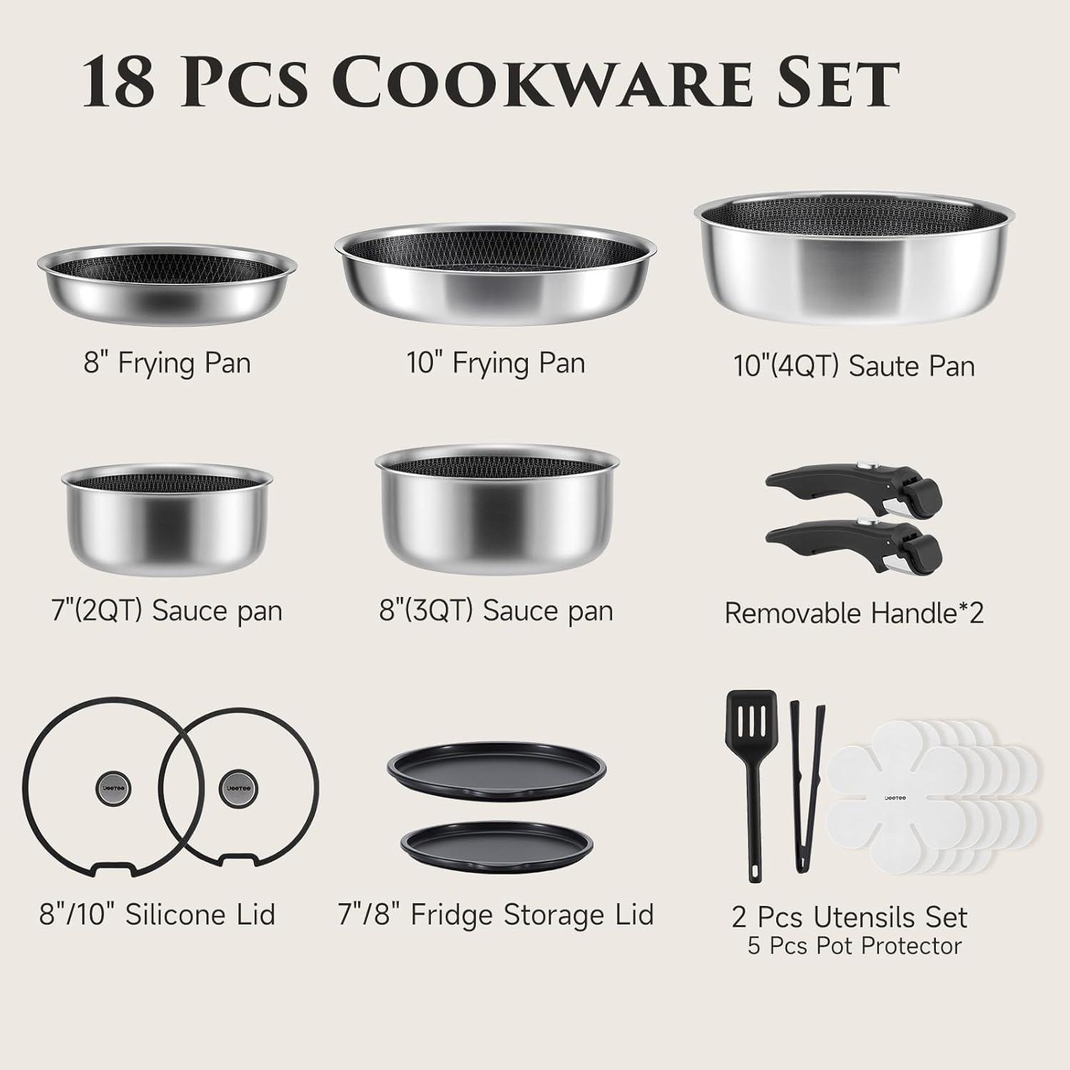 image:imageJEETEE Hybrid TriPly Stainless Steel Cookware Set 18pcs Pots and Pans Set Non Stick with Detachable Handles Induction Cookware Set Kitchen Cooking Sets RVCamping Cookware Dishwasher amp Oven Safe18pcs