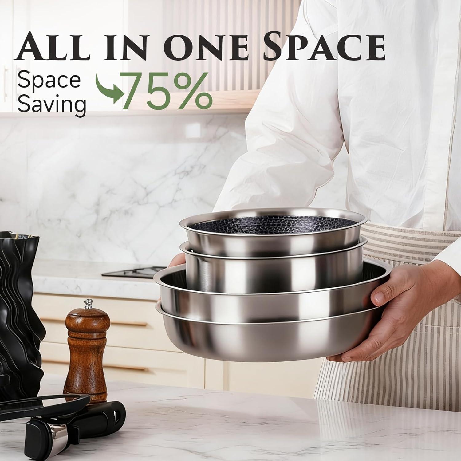 image:imageJEETEE Hybrid TriPly Stainless Steel Cookware Set 18pcs Pots and Pans Set Non Stick with Detachable Handles Induction Cookware Set Kitchen Cooking Sets RVCamping Cookware Dishwasher amp Oven Safe18pcs