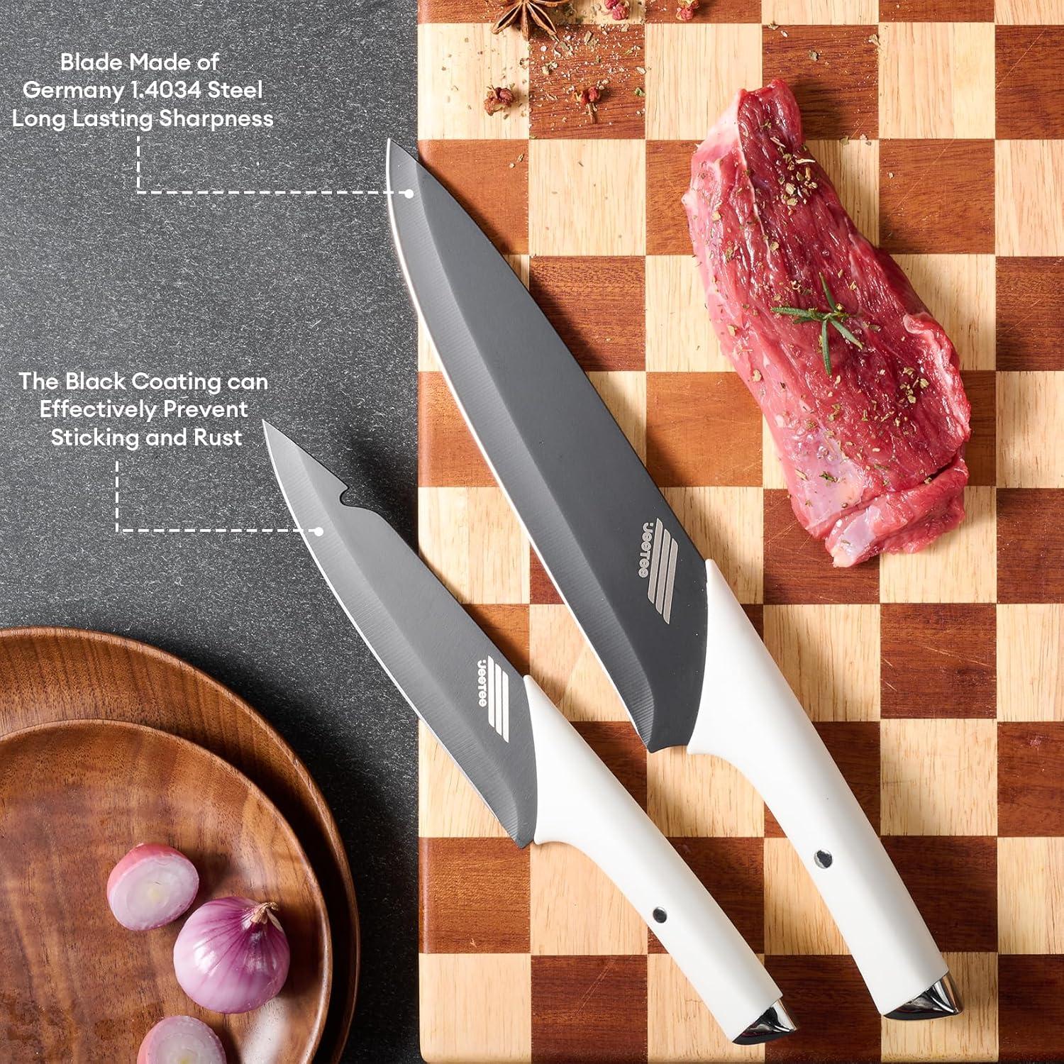image:imageJEETEE Kitchen Knife Set 6 Pcs Knife Set with Block Nonstick and Rustproof Knife Block Set Bionic Design with 15 Sharp Tip and Best Grip Knife Handle Dishwasher Safe