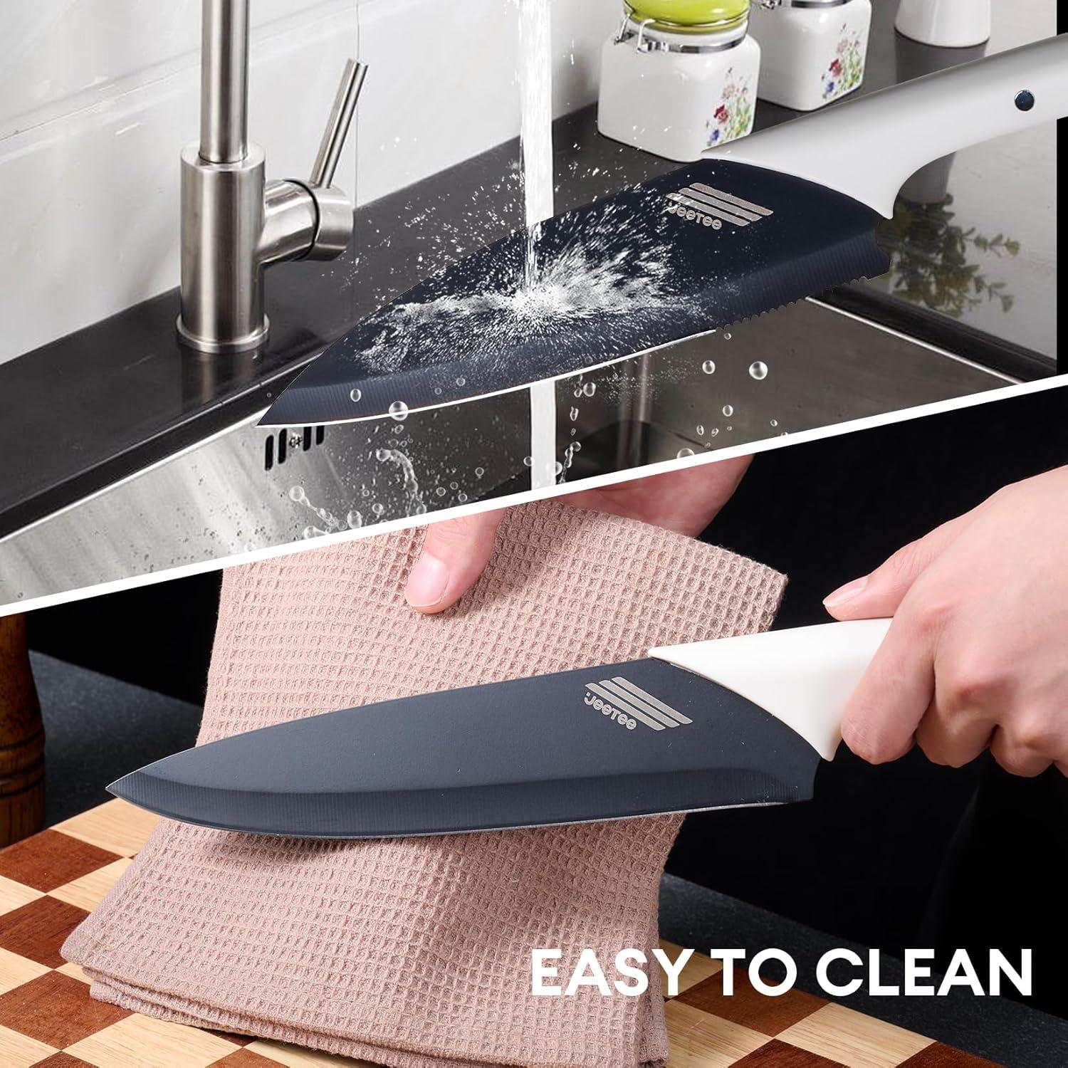image:imageJEETEE Kitchen Knife Set 6 Pcs Knife Set with Block Nonstick and Rustproof Knife Block Set Bionic Design with 15 Sharp Tip and Best Grip Knife Handle Dishwasher Safe