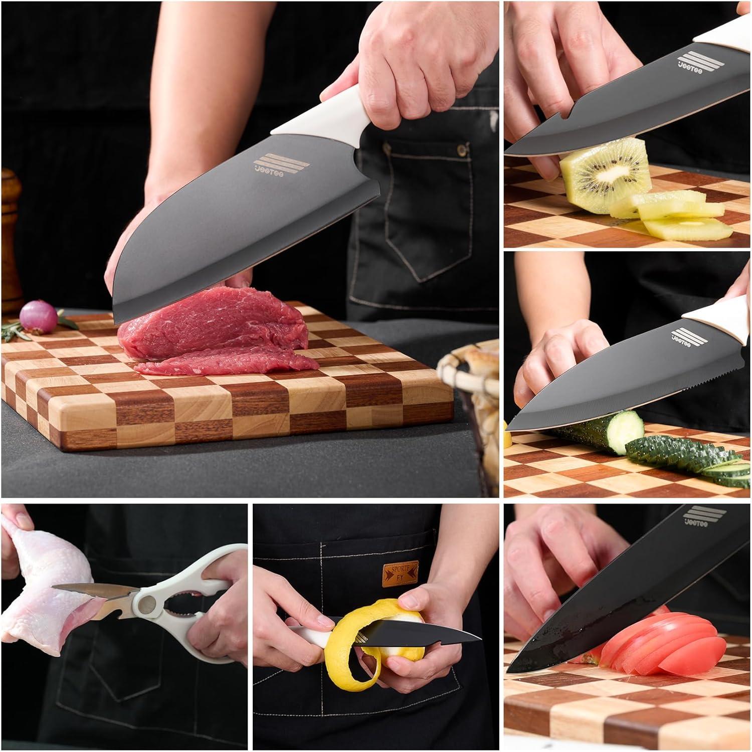 image:imageJEETEE Kitchen Knife Set 6 Pcs Knife Set with Block Nonstick and Rustproof Knife Block Set Bionic Design with 15 Sharp Tip and Best Grip Knife Handle Dishwasher Safe