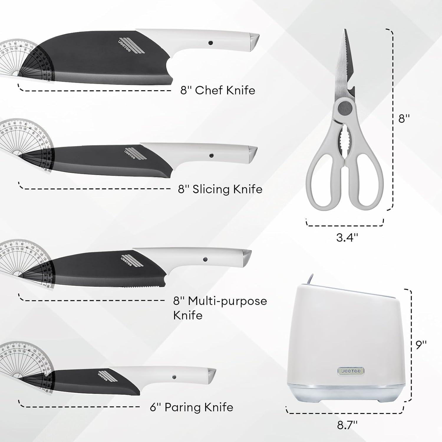image:imageJEETEE Kitchen Knife Set 6 Pcs Knife Set with Block Nonstick and Rustproof Knife Block Set Bionic Design with 15 Sharp Tip and Best Grip Knife Handle Dishwasher Safe