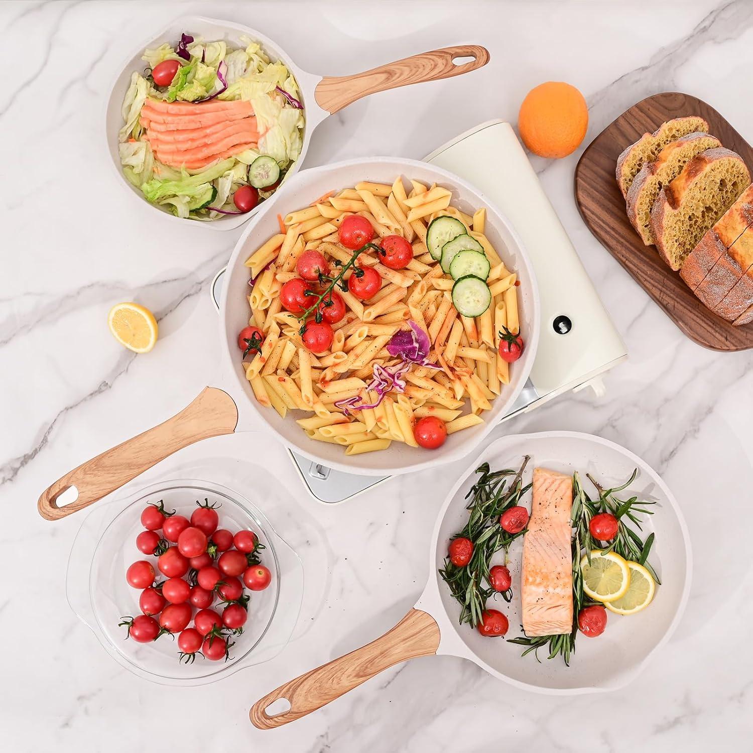 image:imageJEETEE Non Stick Frying Pan Set Frying Pans Nonstick Omelette Skillet with Soft Touch Handle 3Piece Cookware Set 8 Inch 95 Inch 11 InchBeige