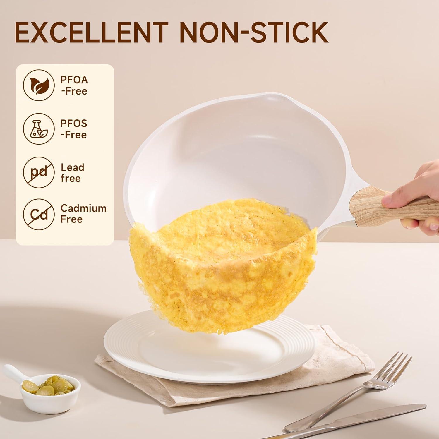 image:imageJEETEE Non Stick Frying Pan Set Frying Pans Nonstick Omelette Skillet with Soft Touch Handle 3Piece Cookware Set 8 Inch 95 Inch 11 InchBeige