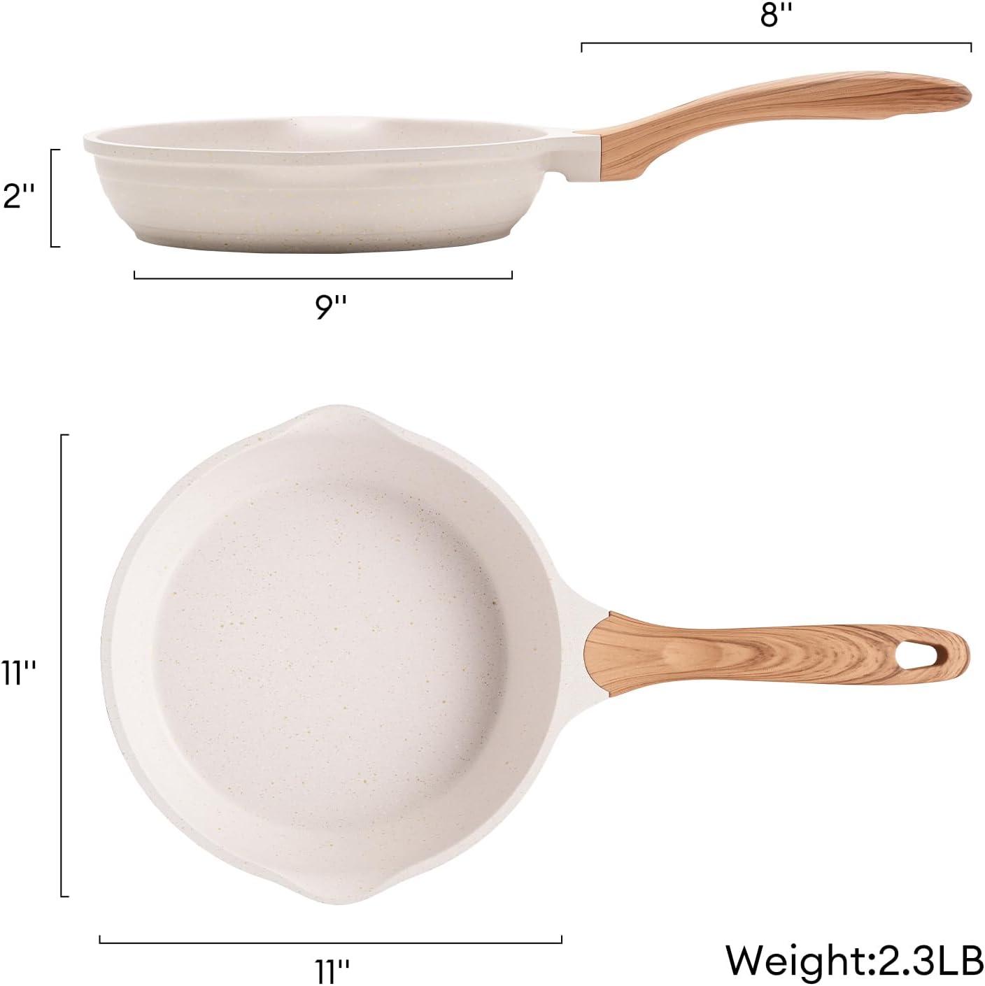 image:imageJEETEE Non Stick Frying Pan Set Frying Pans Nonstick Omelette Skillet with Soft Touch Handle 3Piece Cookware Set 8 Inch 95 Inch 11 InchBeige