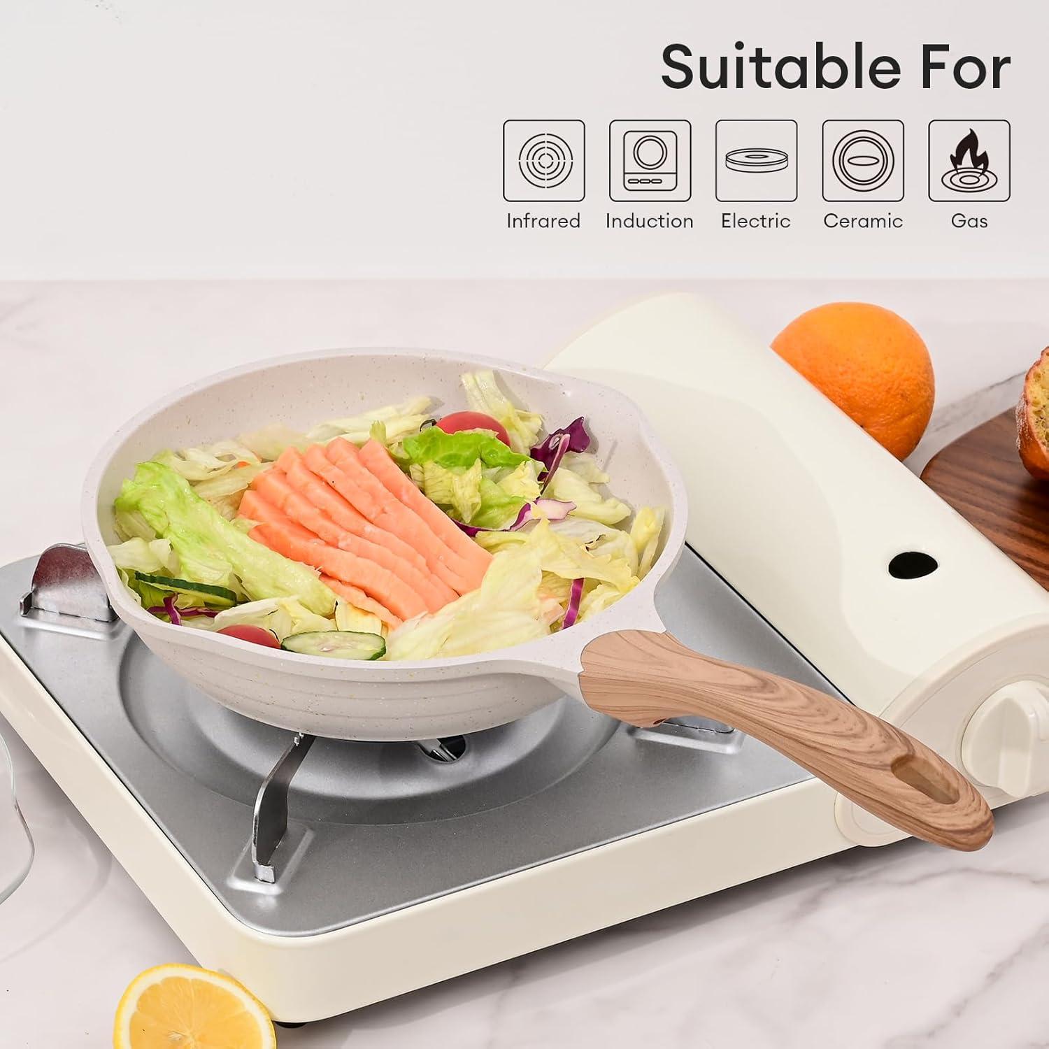 image:imageJEETEE Non Stick Frying Pan Set Frying Pans Nonstick Omelette Skillet with Soft Touch Handle 3Piece Cookware Set 8 Inch 95 Inch 11 InchBeige