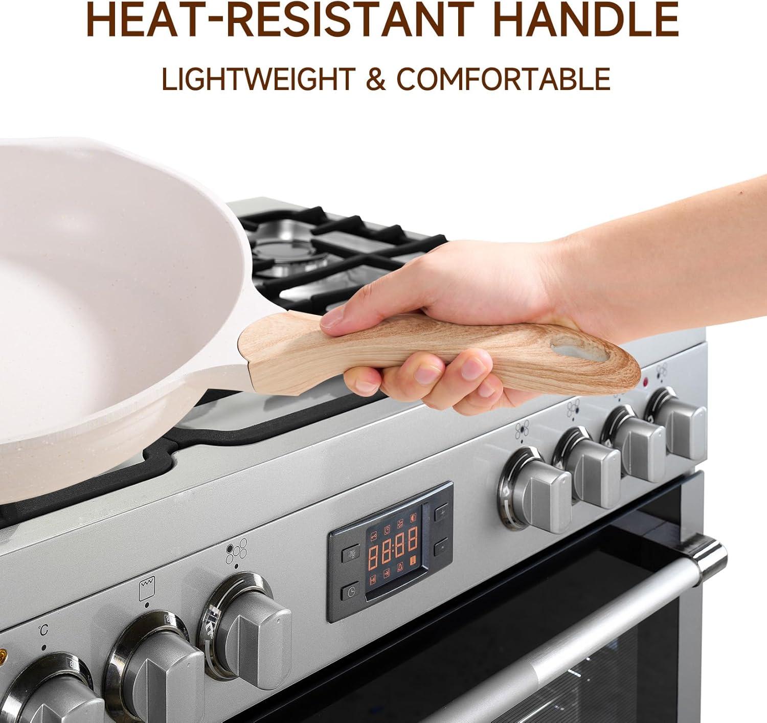 image:imageJEETEE Non Stick Frying Pan Set Frying Pans Nonstick Omelette Skillet with Soft Touch Handle 3Piece Cookware Set 8 Inch 95 Inch 11 InchBeige
