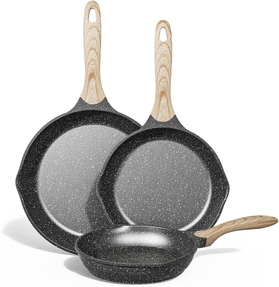 image:imageJEETEE Non Stick Frying Pan Set Frying Pans Nonstick Omelette Skillet with Soft Touch Handle 3Piece Cookware Set 8 Inch 95 Inch 11 InchGray