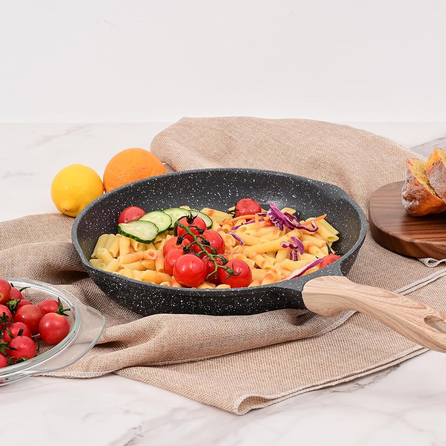image:imageJEETEE Non Stick Frying Pan Set Frying Pans Nonstick Omelette Skillet with Soft Touch Handle 3Piece Cookware Set 8 Inch 95 Inch 11 InchGray