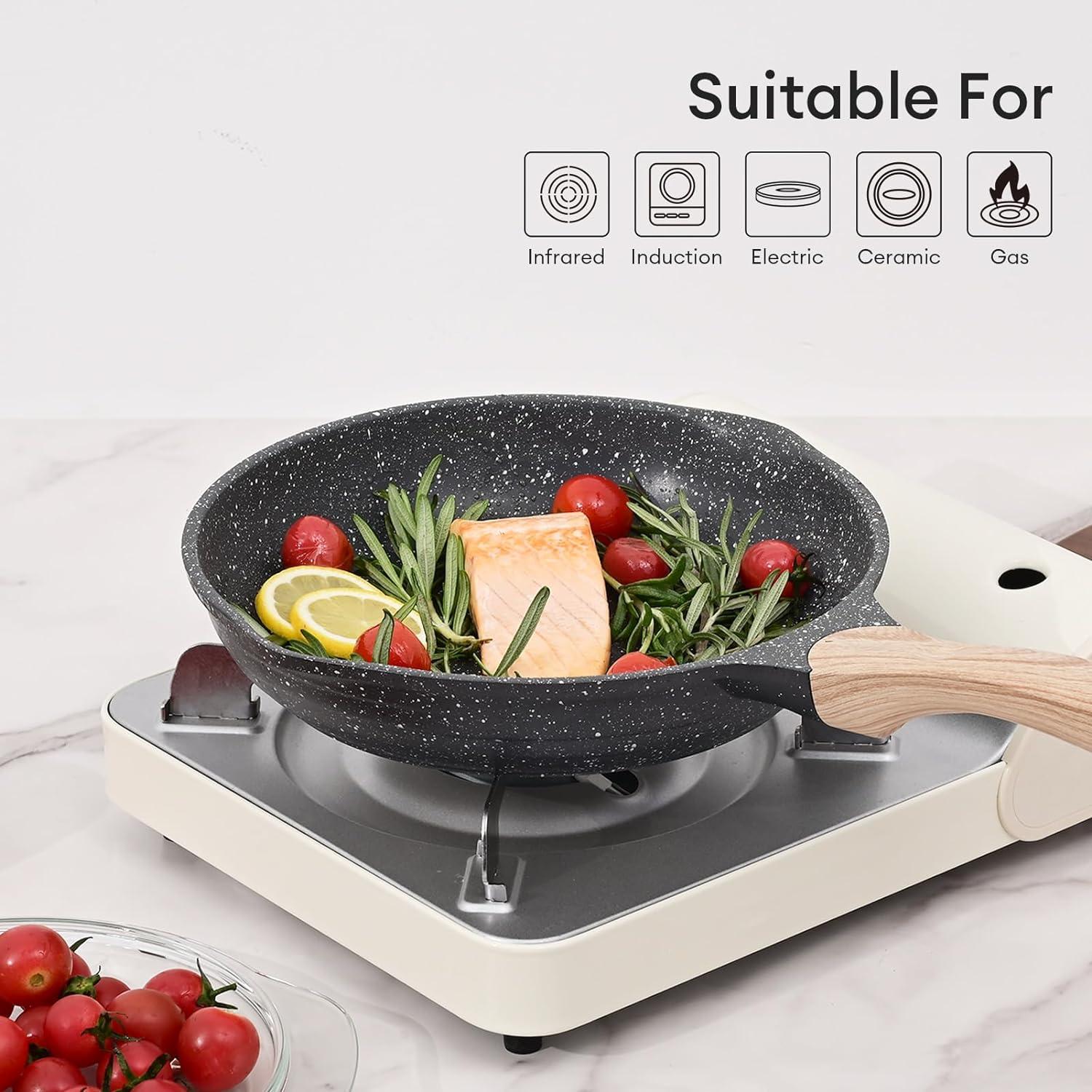 image:imageJEETEE Non Stick Frying Pan Set Frying Pans Nonstick Omelette Skillet with Soft Touch Handle 3Piece Cookware Set 8 Inch 95 Inch 11 InchGray