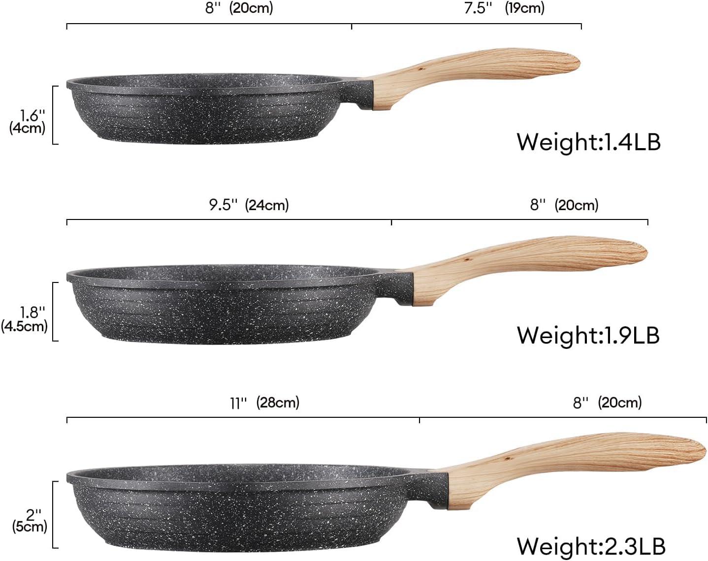 image:imageJEETEE Non Stick Frying Pan Set Frying Pans Nonstick Omelette Skillet with Soft Touch Handle 3Piece Cookware Set 8 Inch 95 Inch 11 InchGray